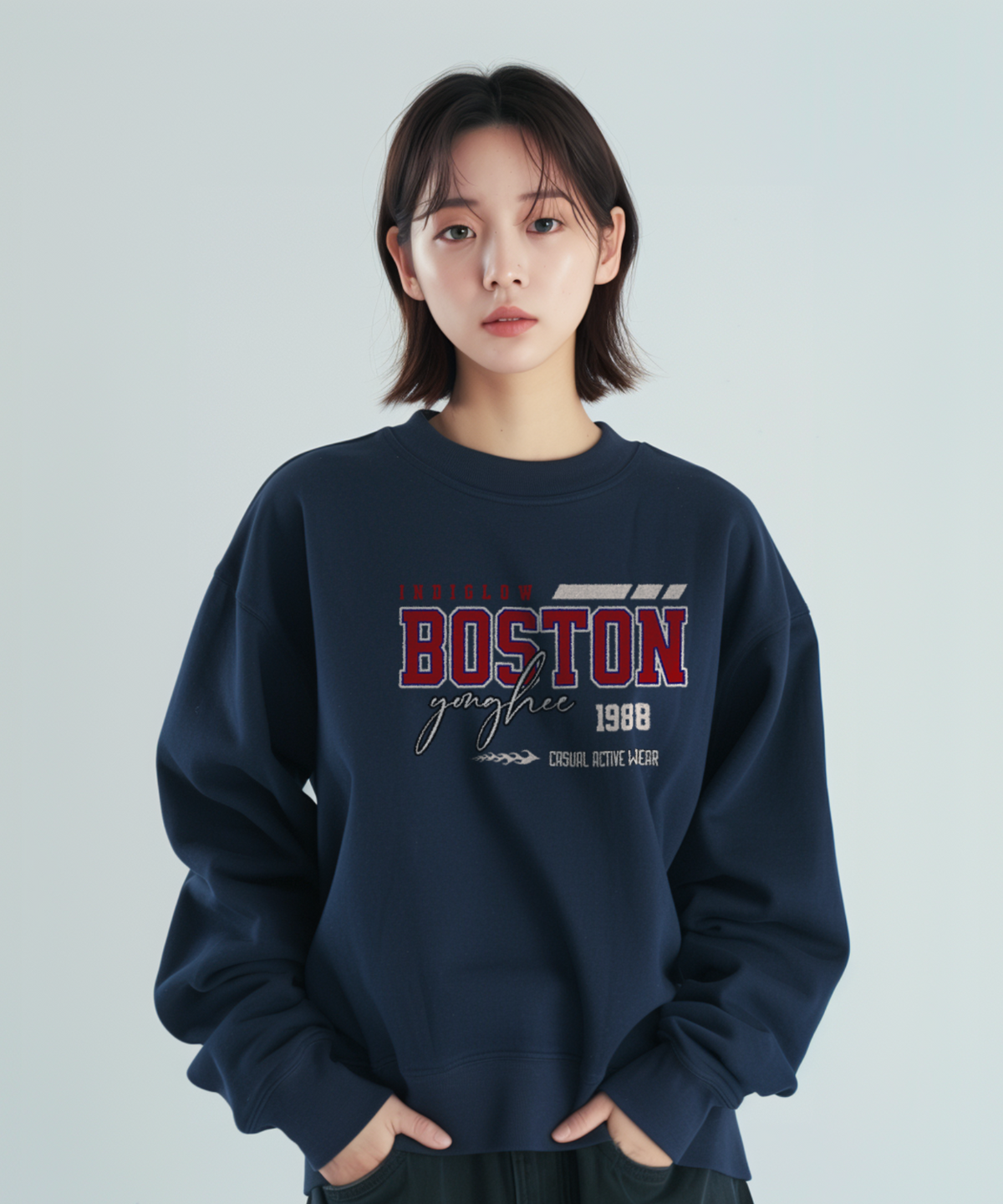 인디글로우(INDIGLOW) 보스톤 레터링 빈티지 커플 맨투맨 스웨트 셔츠