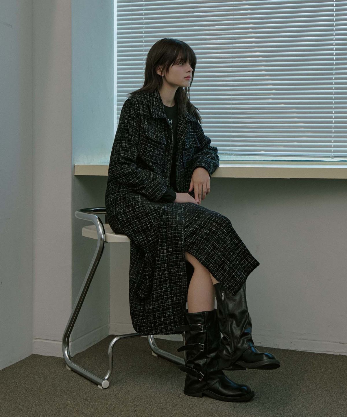 무아르모아(MOIREMOA) Collar Tweed Single Jacket - Black