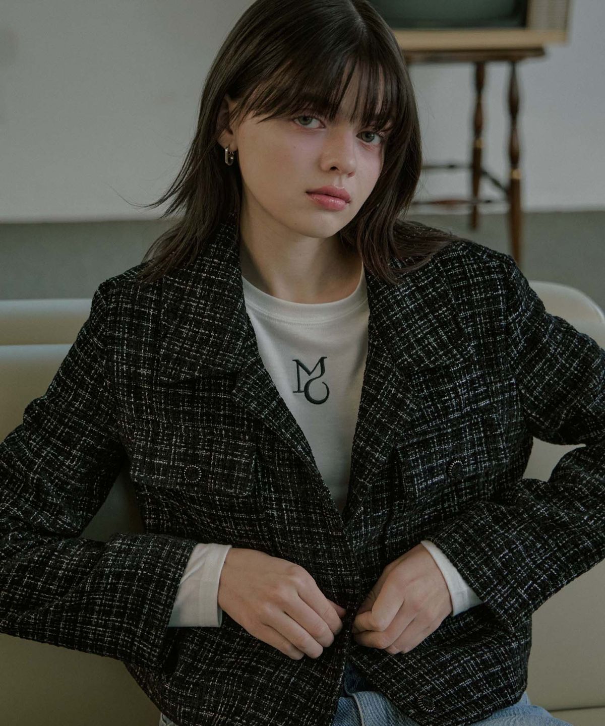 무아르모아(MOIREMOA) Collar Tweed Single Jacket - Black