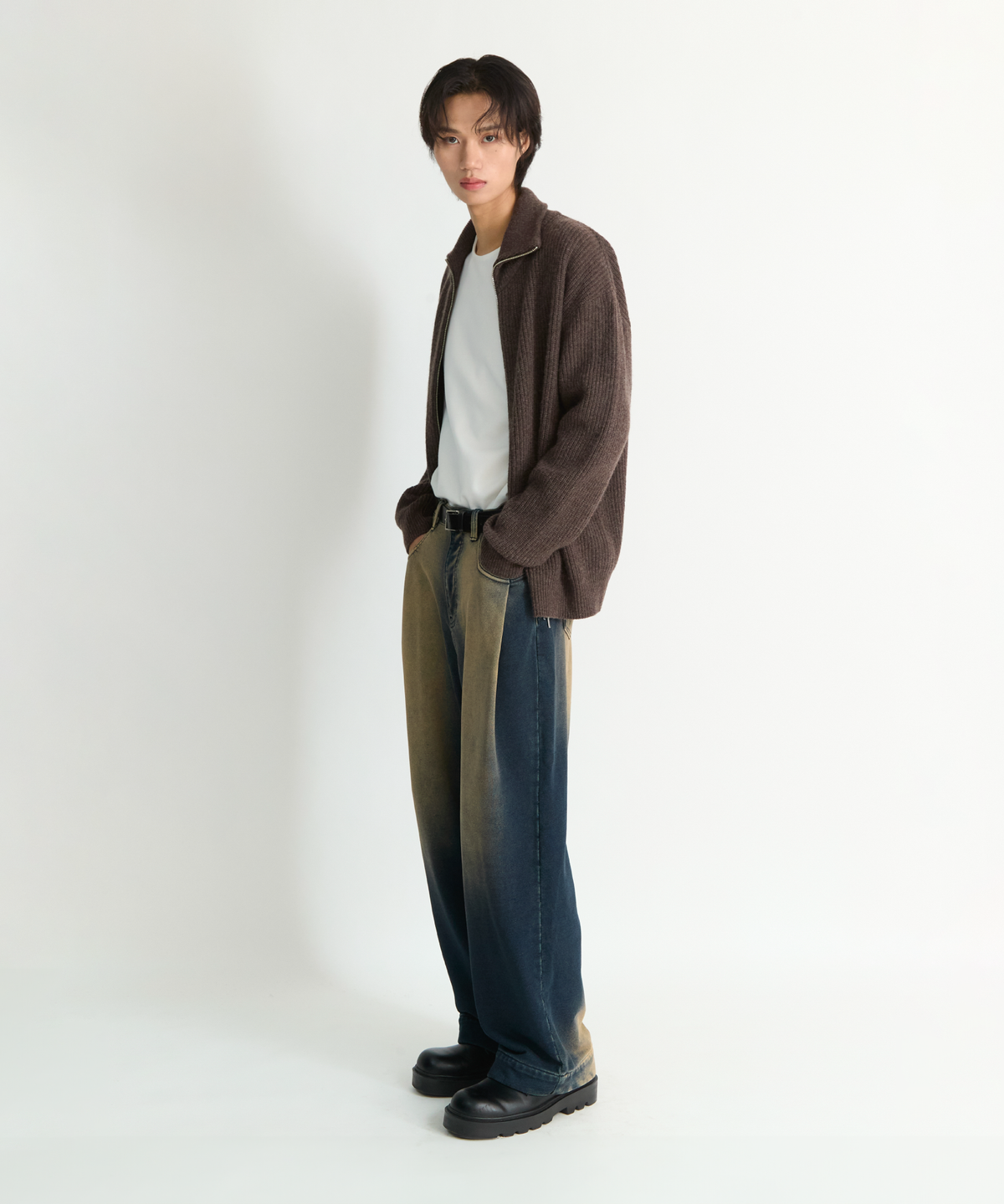 넌블랭크(NONBLANK) 루즈 핏 집업 칼라 니트_MELANGE BROWN