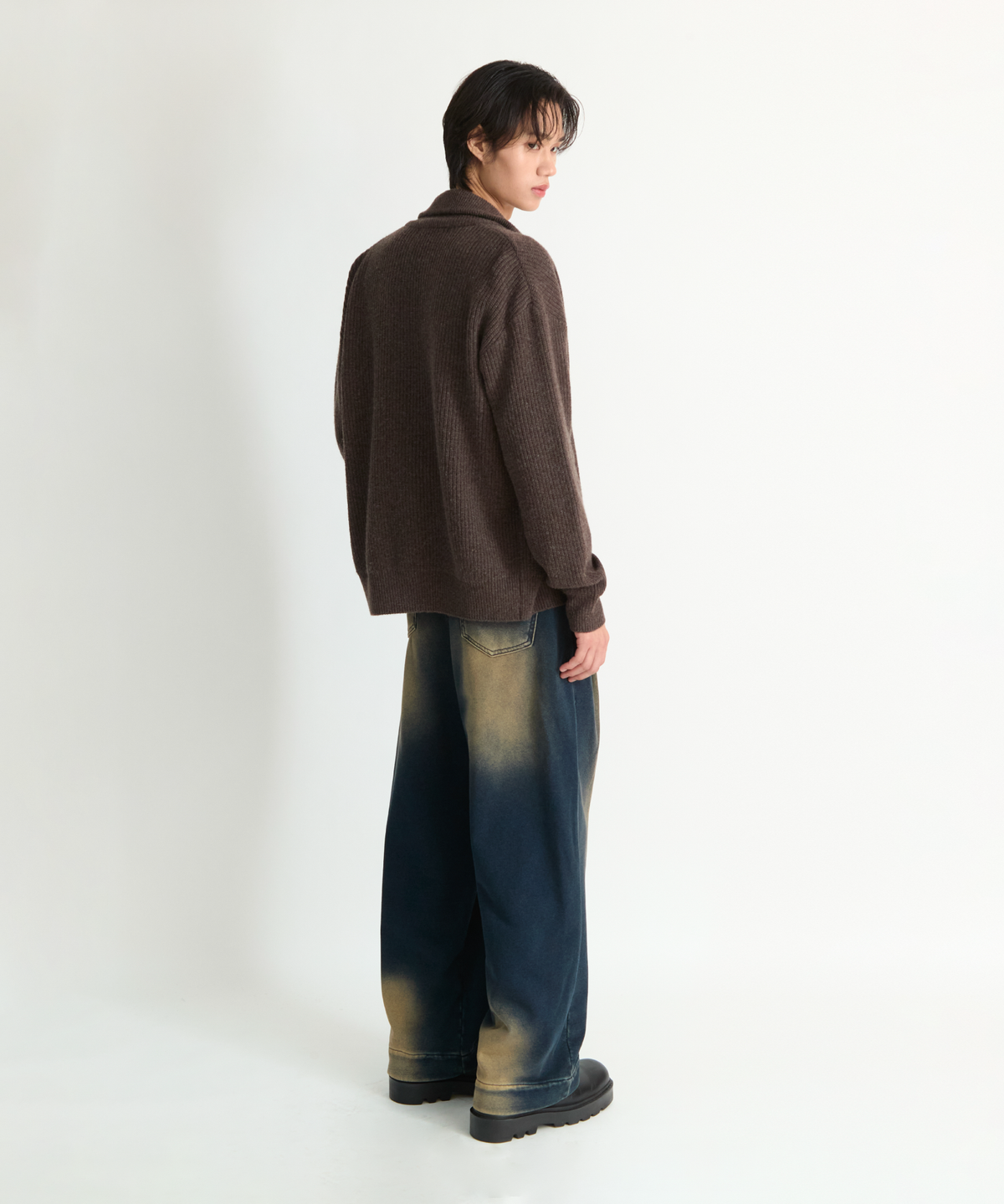 넌블랭크(NONBLANK) 루즈 핏 집업 칼라 니트_MELANGE BROWN