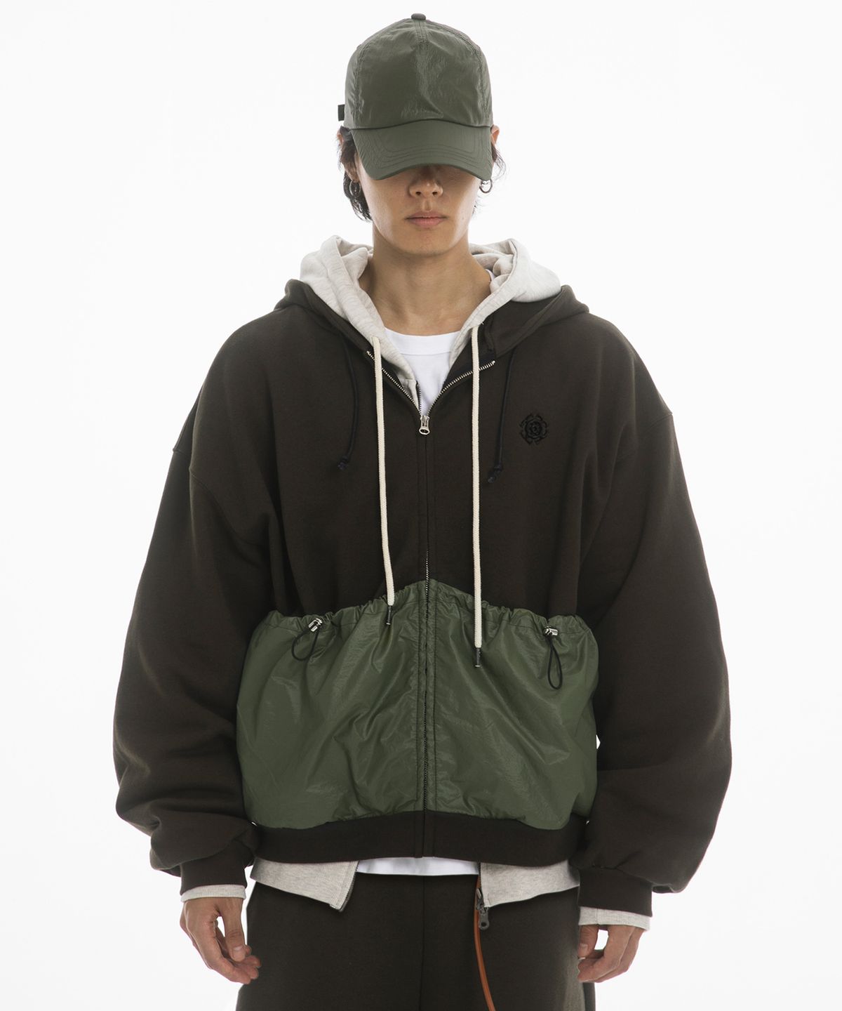 팬쇼(FANSHOW) (SETUP) POCKET HOODED ZIPUP + LEATHER BELT WIDE PANTS- KHAKI