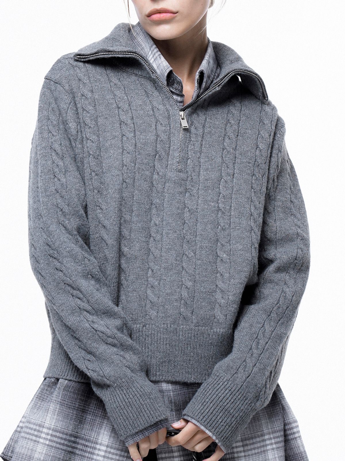 챈세스노이(CHANCE'S NOI) Soft Cable Half Zip-up Knit - Gray /W243TP01GR