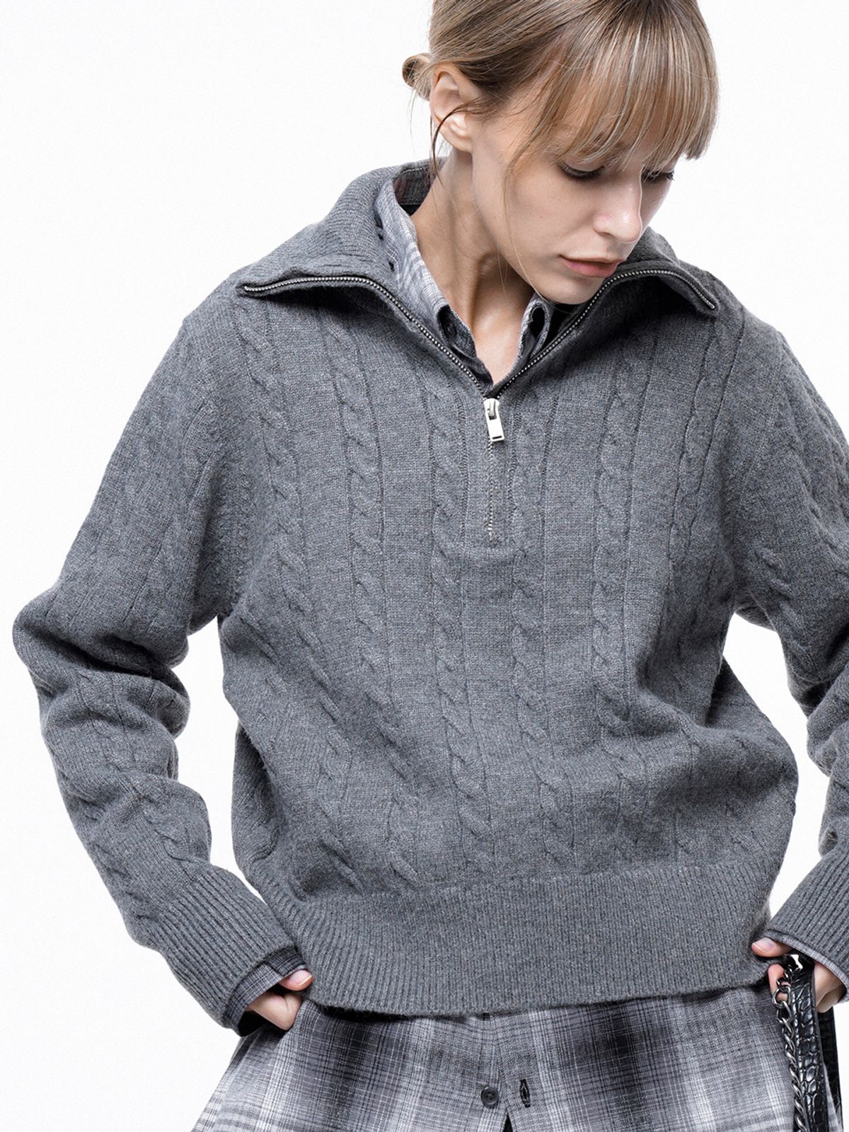 챈세스노이(CHANCE'S NOI) Soft Cable Half Zip-up Knit - Gray /W243TP01GR