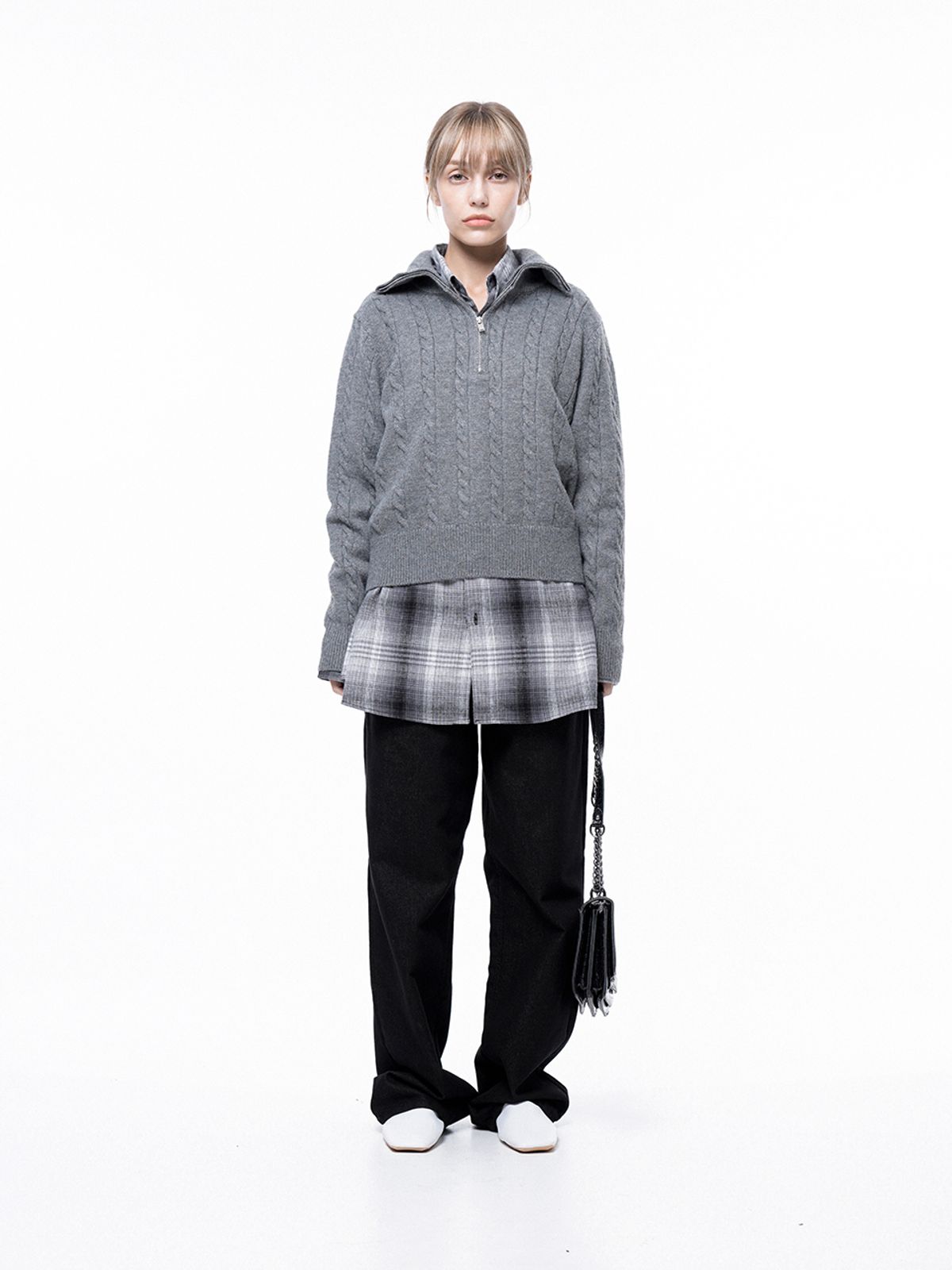 챈세스노이(CHANCE'S NOI) Soft Cable Half Zip-up Knit - Gray /W243TP01GR