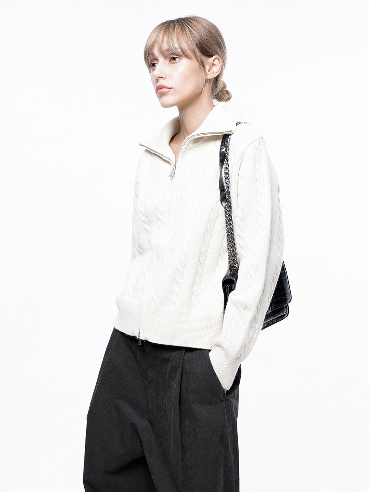 챈세스노이(CHANCE'S NOI) Soft Cable Zip-up Knit Cardigan - Ivory /W243TP03IV