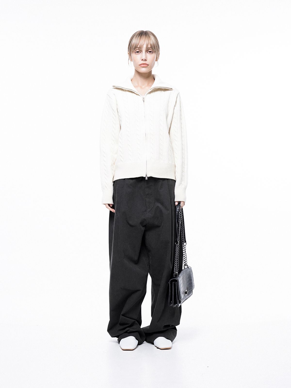 챈세스노이(CHANCE'S NOI) Soft Cable Zip-up Knit Cardigan - Ivory /W243TP03IV