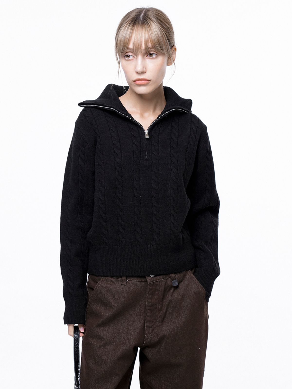 챈세스노이(CHANCE'S NOI) Soft Cable Half Zip-up Knit - Black /W243TP01BK