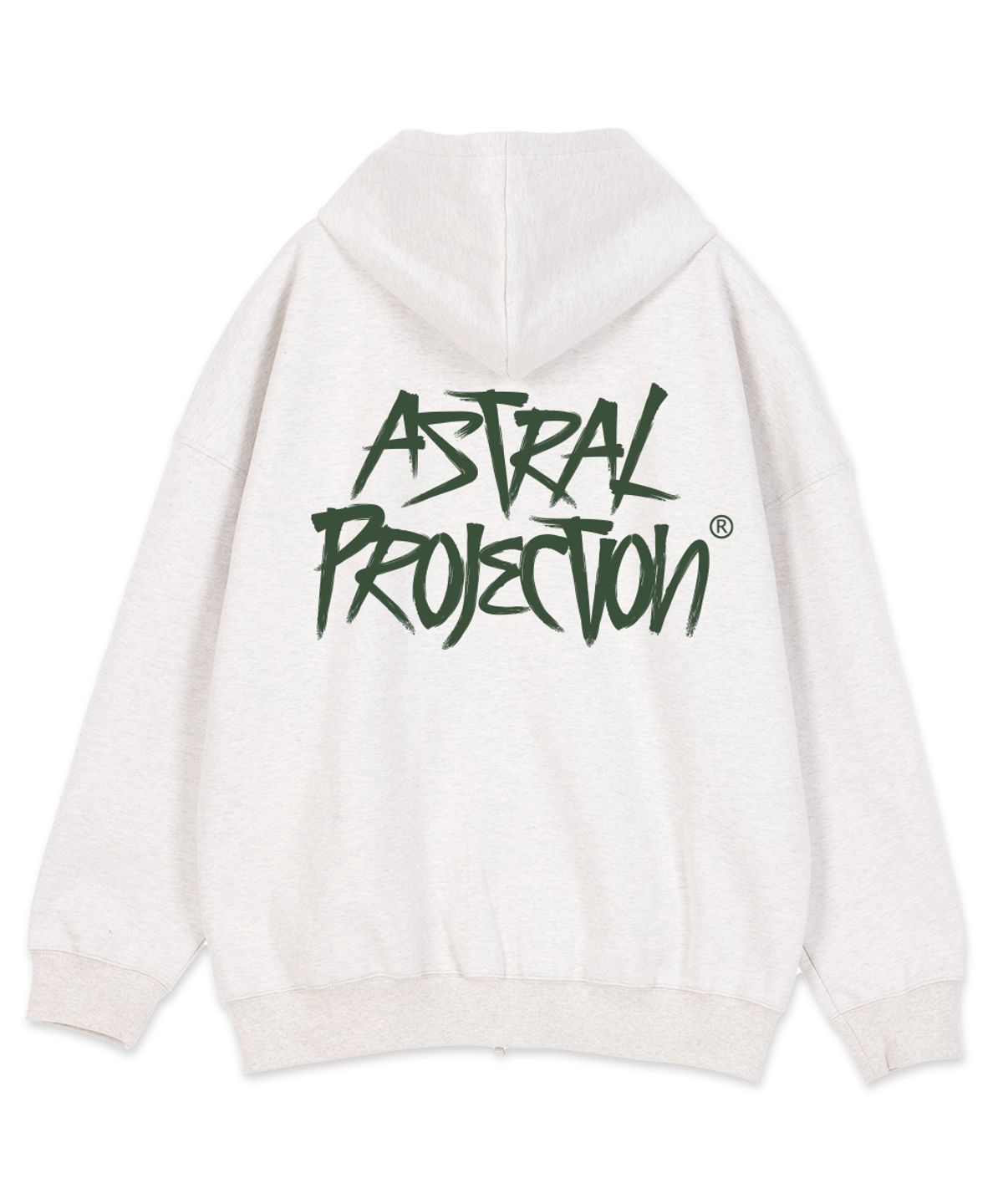 아스트랄 프로젝션(ASTRAL PROJECTION) 그래피티 레터링 오버핏 와이드 숄더 후드 집업_오트밀