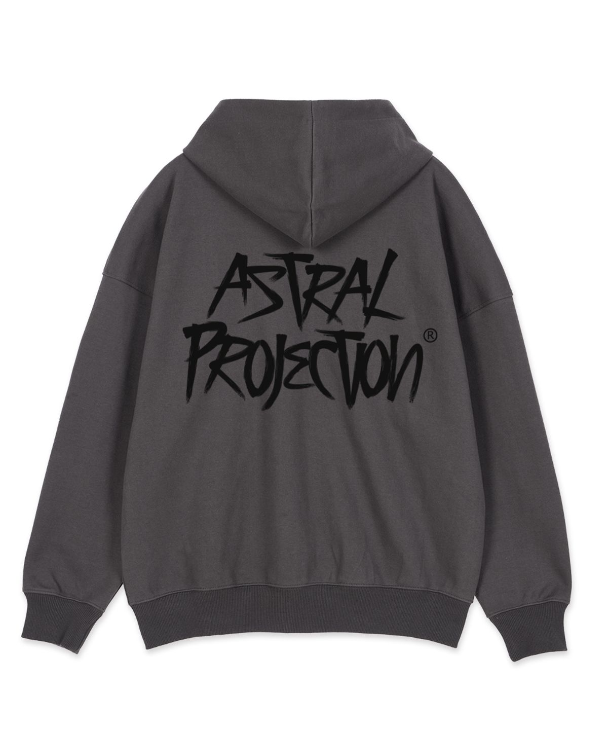 아스트랄 프로젝션(ASTRAL PROJECTION) 그래피티 레터링 오버핏 와이드 숄더 후드 집업_차콜