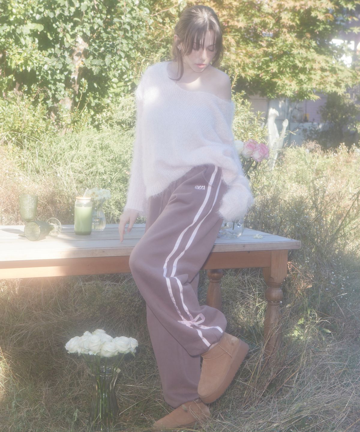 스웻스윗(SWEATSWEET) [RE] SWEET RIBBON SWEAT PANTS - BROWN/PINK