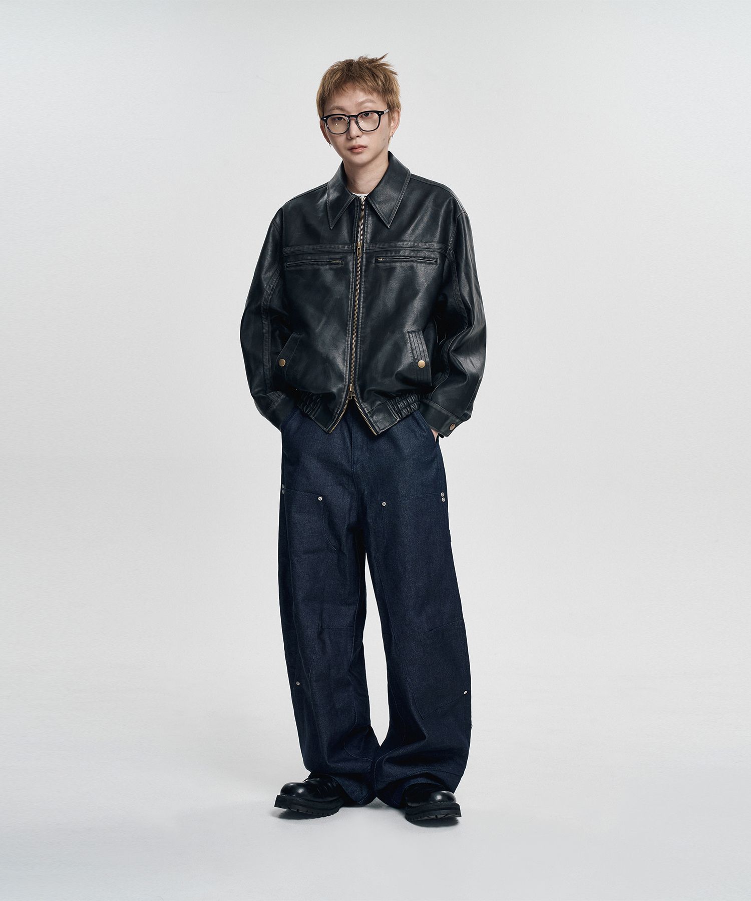 MUSINSA公式 | EASY NO EASY Washed Vegan Leather Jacket - Black