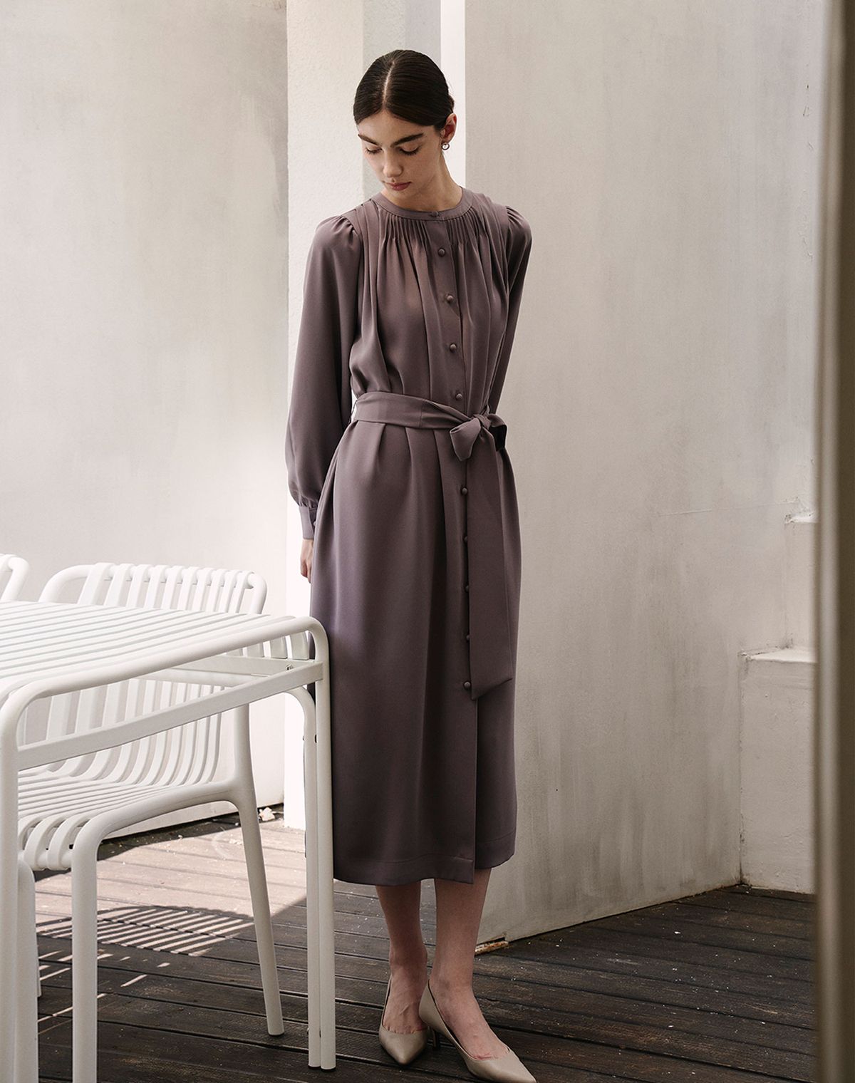 지에마르(GIEMAR) 라운드 넥 롱 드레스 마룬  ROUND NECK LONG DRESS MAROON