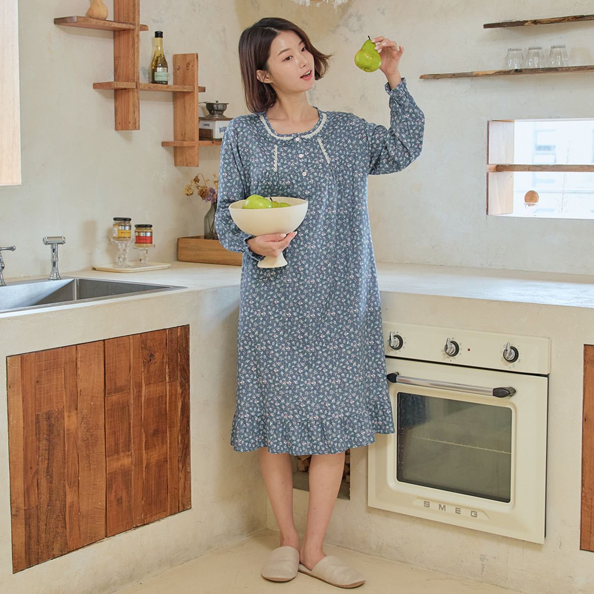 찌니야(JJNIYA) 여성용 앤지꽃 30수 개버딘 긴팔원피스잠옷