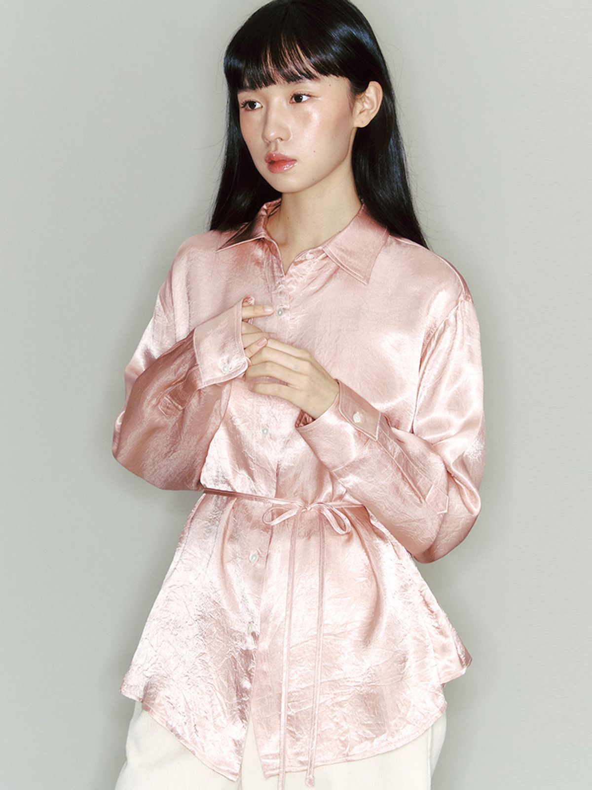 가니송(GANISONG) 글로시 사틴 셔츠_핑크