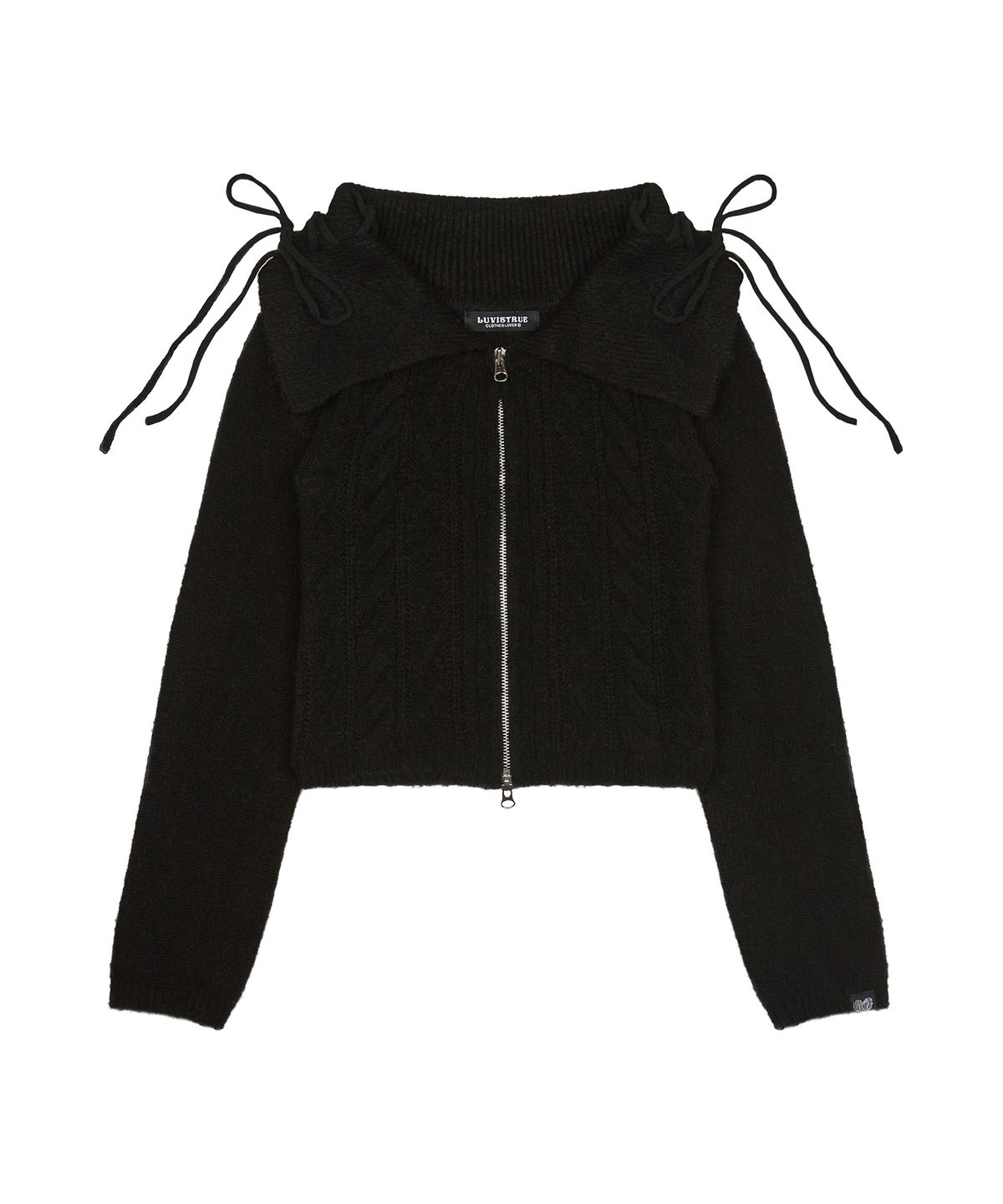 러브이즈트루(LUVISTRUE) FS RIBBON OFF-SHOULDER KNIT ZIP UP(BLACK)