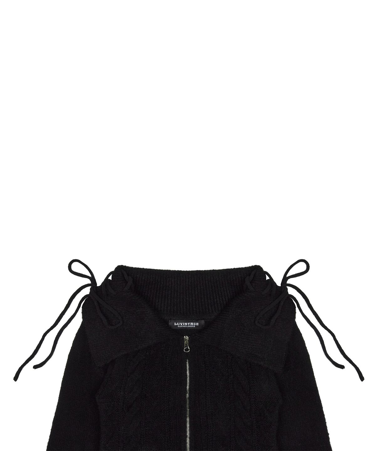 러브이즈트루(LUVISTRUE) FS RIBBON OFF-SHOULDER KNIT ZIP UP(BLACK)