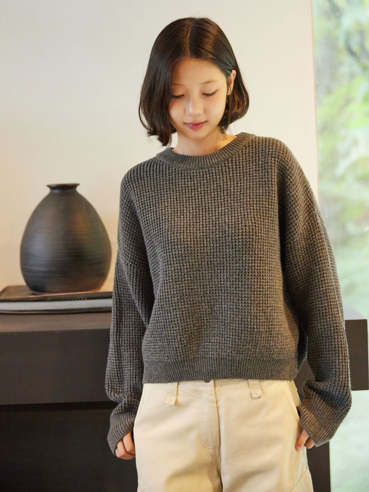 아이홀릭 캐시미어(AYIHOLIC CASHMERE) 오버사이즈 와플 라운드 풀오버