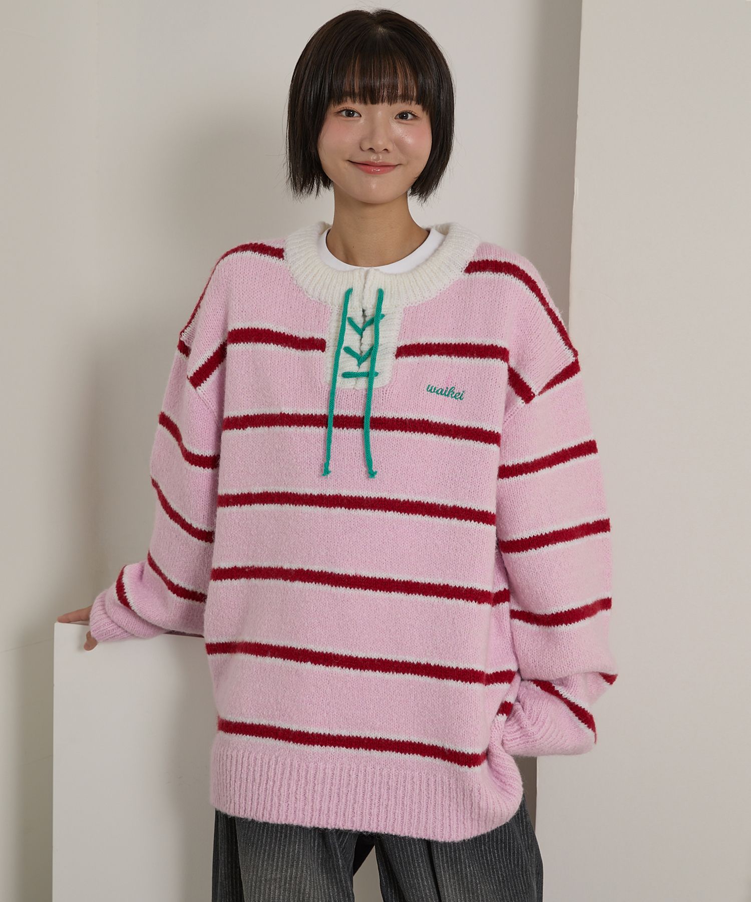 MUSINSA公式 | WAI KEI Striped bouclé knit pink