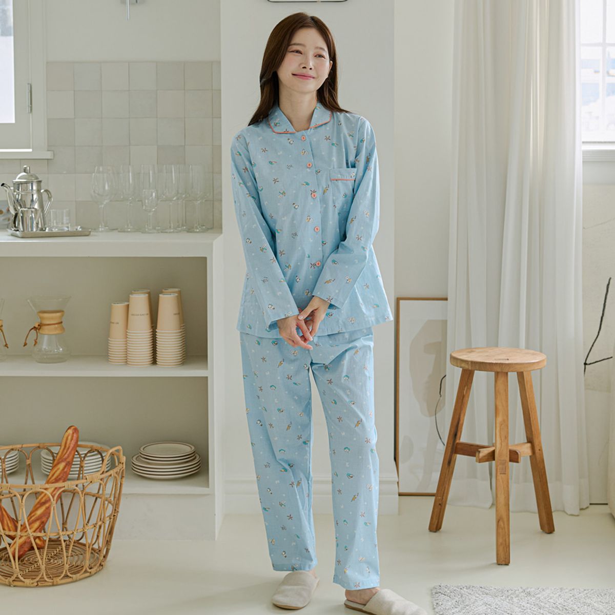 찌니야(JJNIYA) 여성용 해피고양이 블루 40수 순면 긴팔상하세트