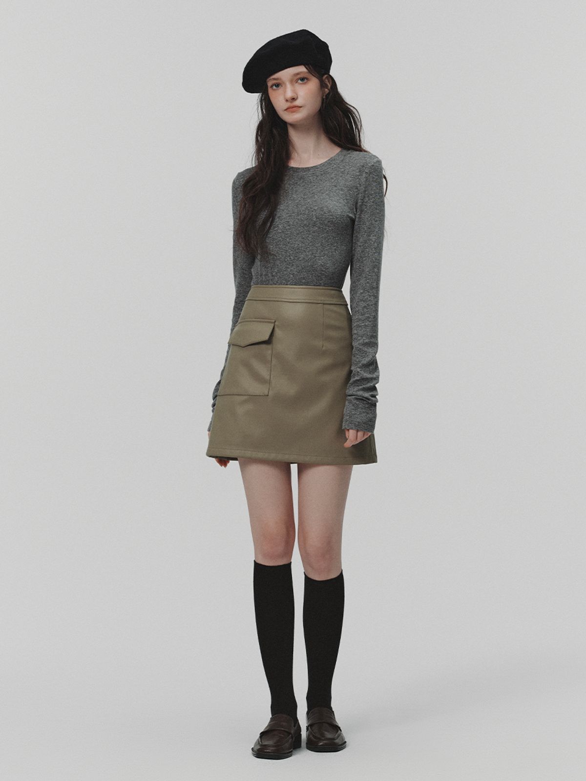 르니나(LENINA) HAZEL pocket leather mini skirt_KHAKI GRAY