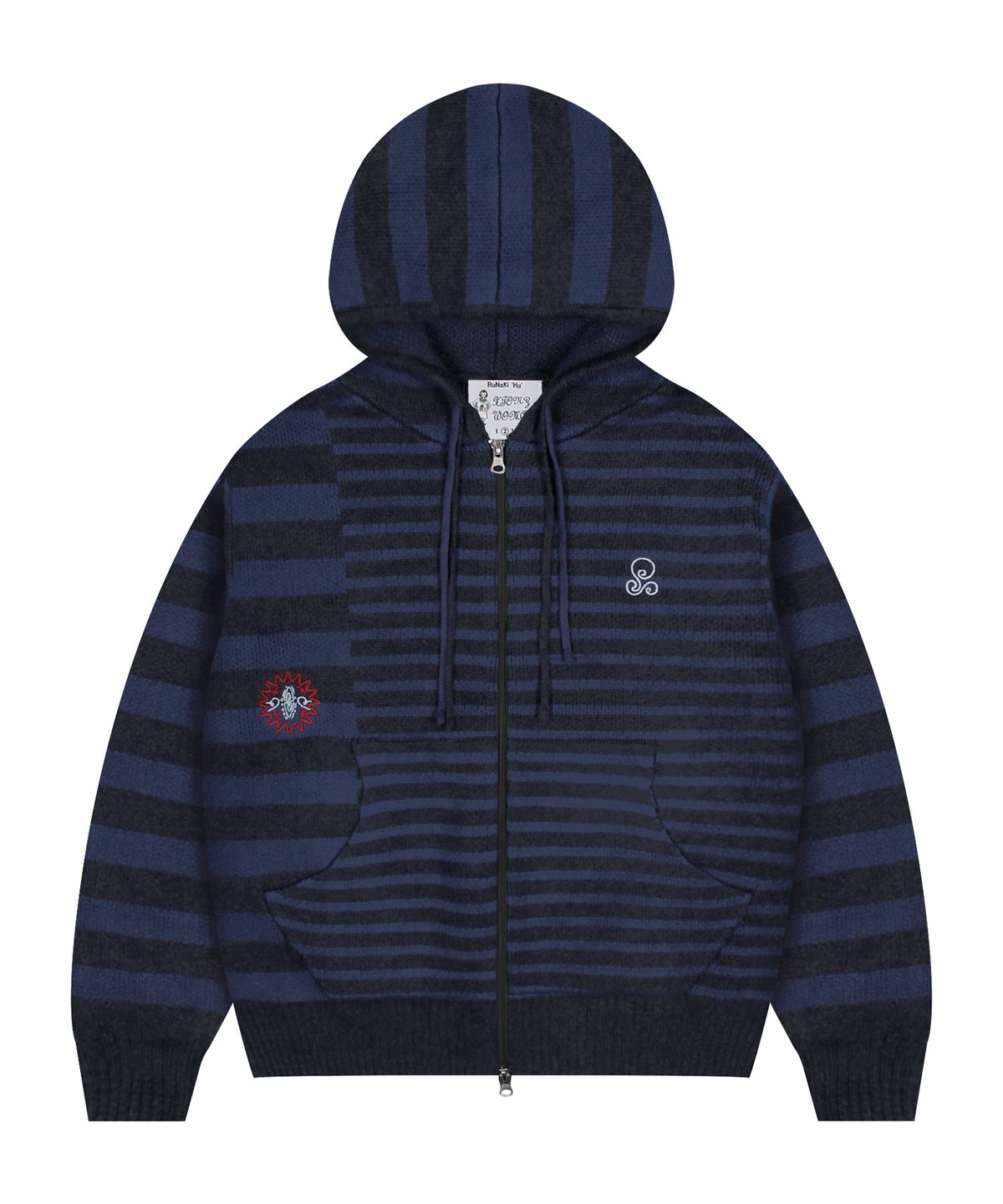 루나키후(RuNaKi'Hu') WXK008 언발란스 스트라이프 니트 후드 집업 (NAVY)
