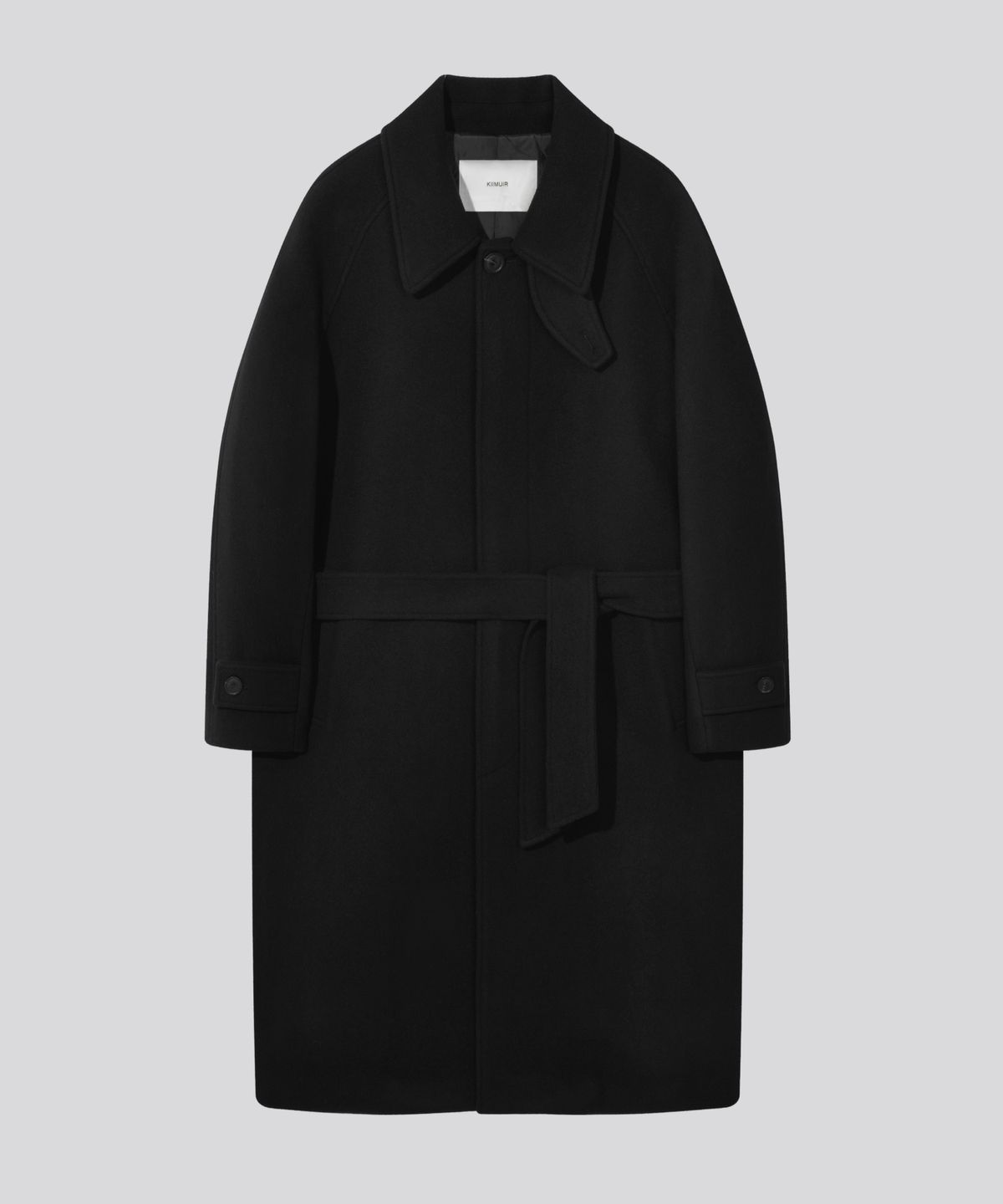 키뮤어(KIIMUIR) [Drape Wool] 캐시미어블렌드 세미오버핏 발마칸 로브코트_블랙