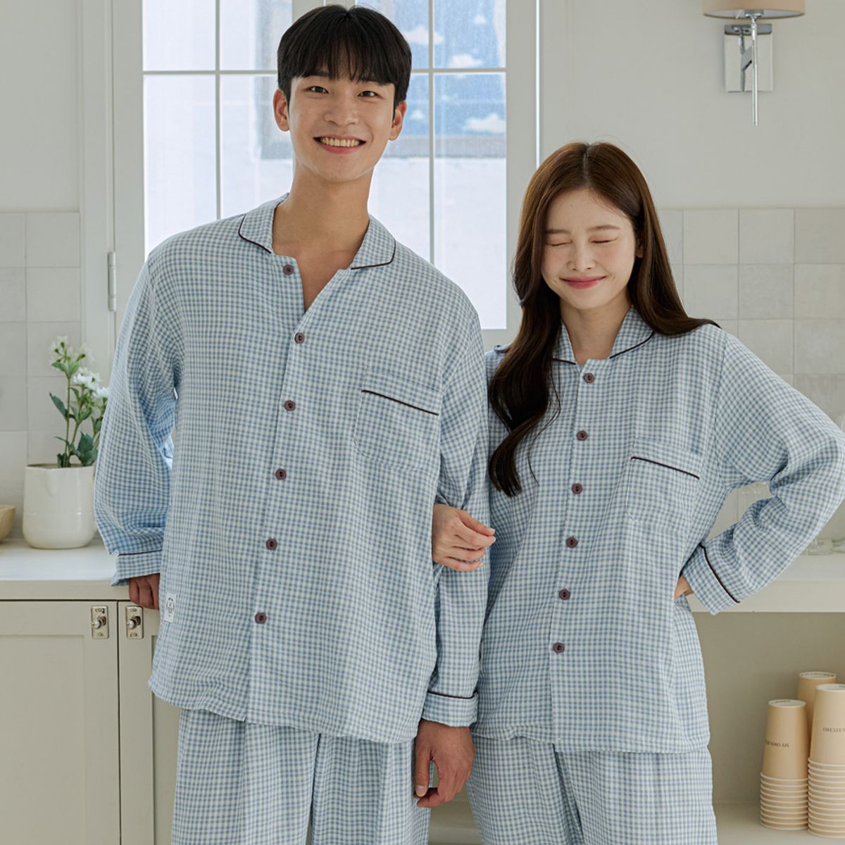 찌니야(JJNIYA) 레트로체크 30수 커플 파자마 긴팔상하세트