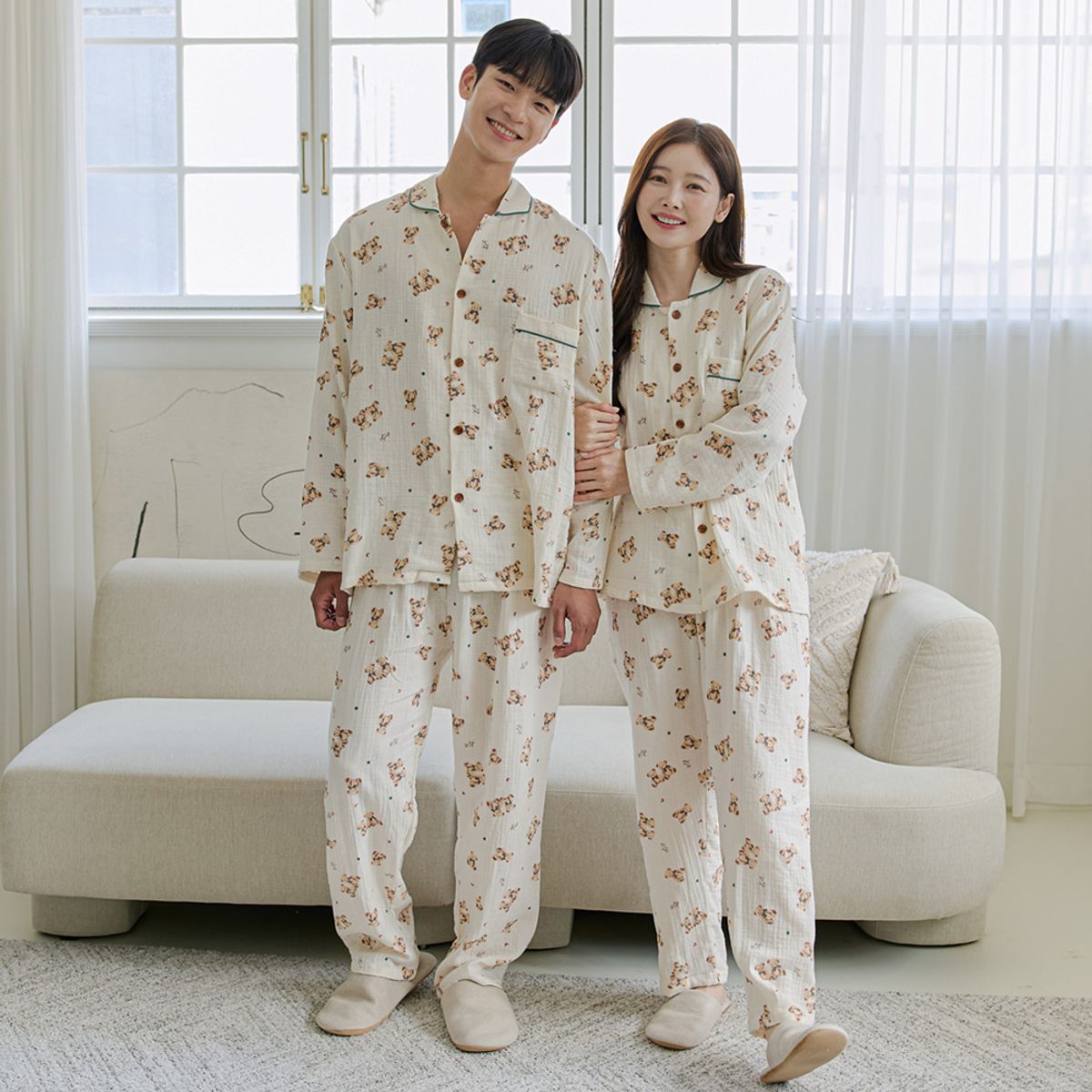 찌니야(JJNIYA) 몽글곰 40수 순면 커플 파자마 긴팔상하세트