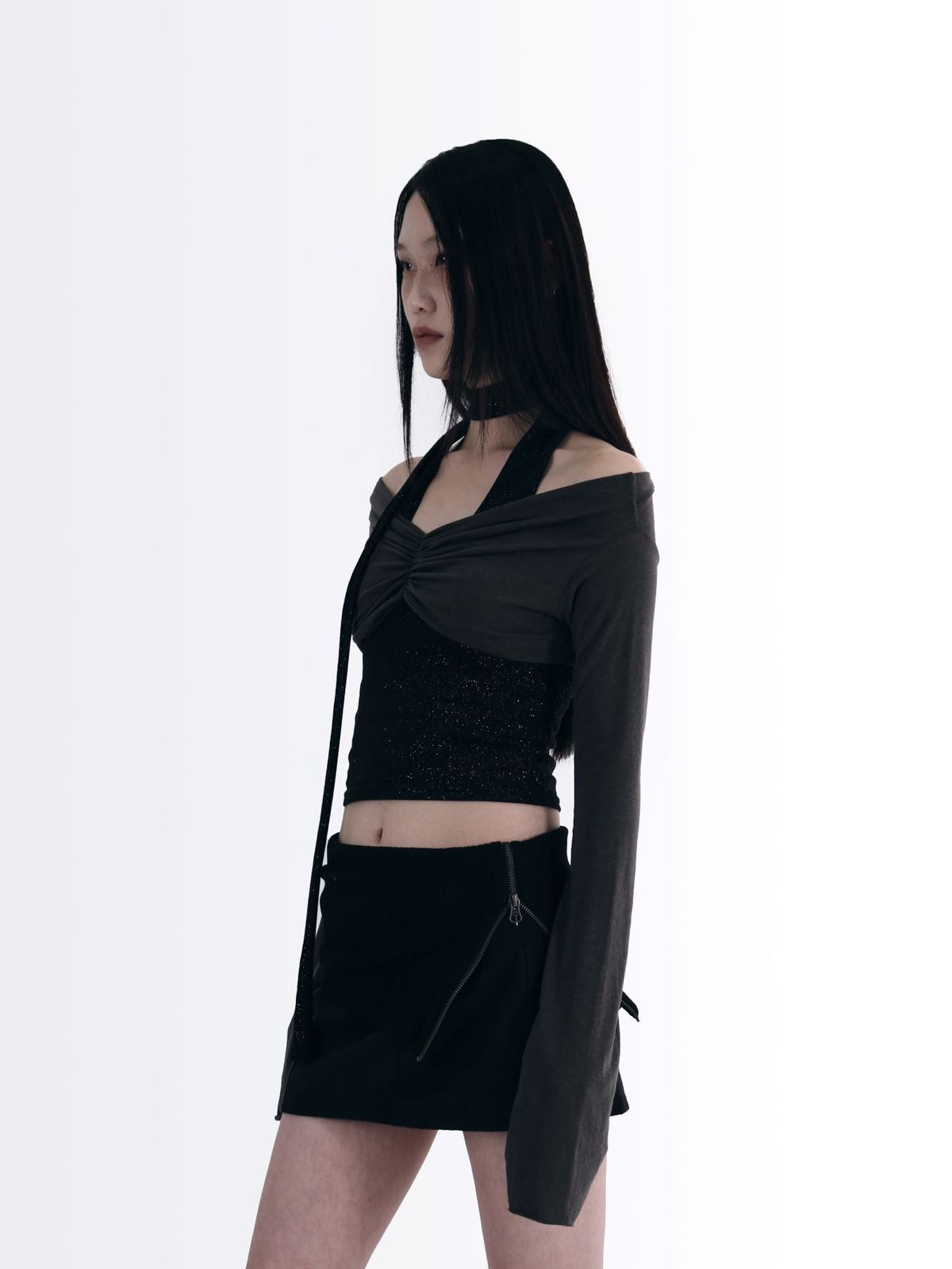 시오(SIO) 셔링 볼레로 가디건 [차콜]