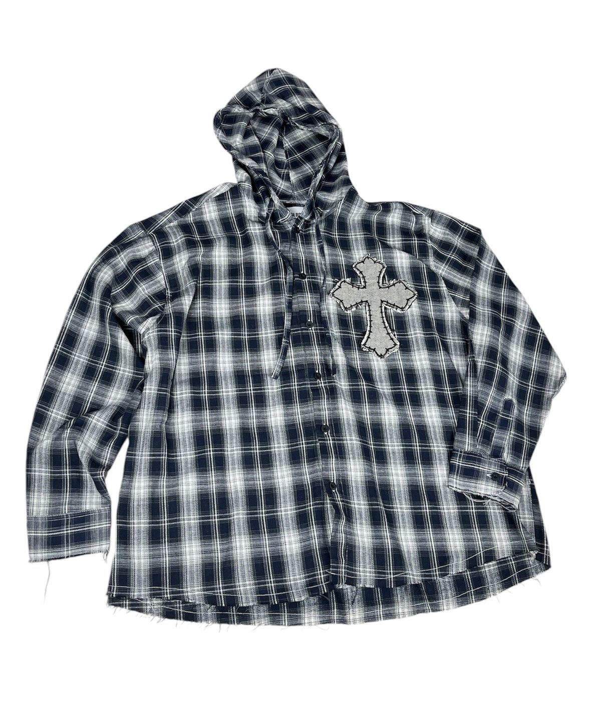 스케이터락(SK8ER ROCK) Cross Cut-Off Tartan Check Hoodie Shirt ((Navy))