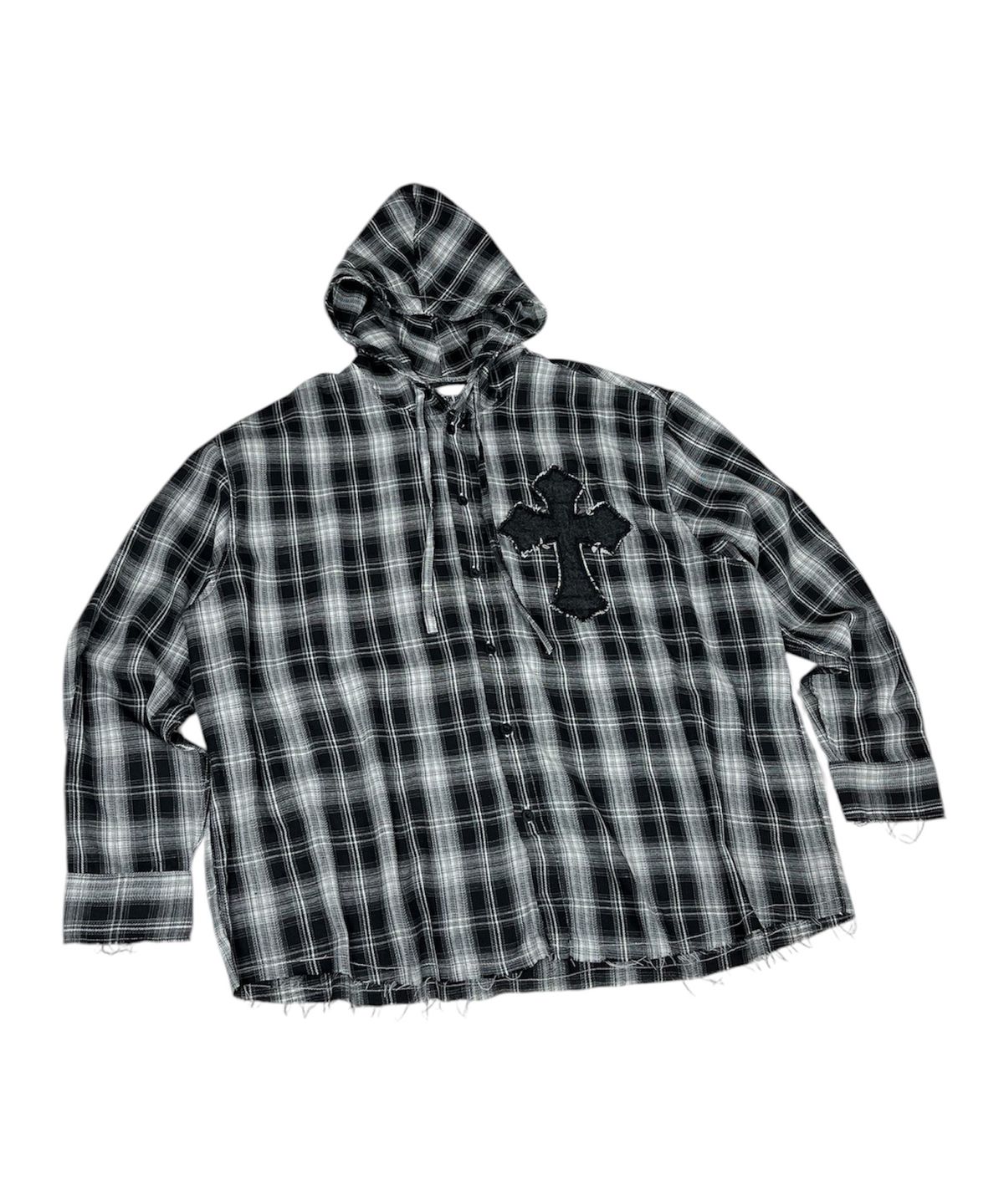 스케이터락(SK8ER ROCK) Cross Cut-Off Tartan Check Hoodie Shirt ((Black))