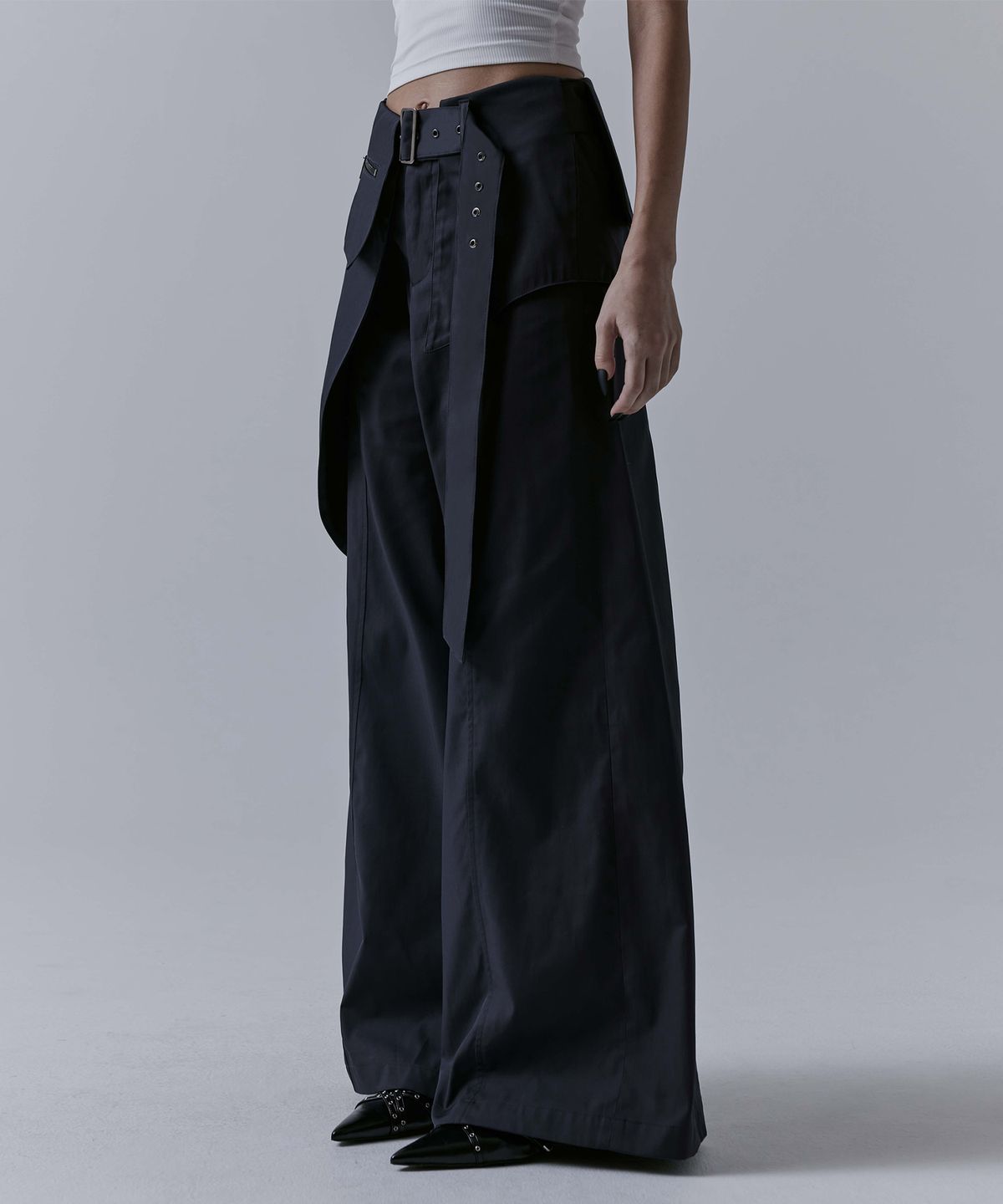 트리밍버드(TREEMINGBIRD) Belted Layered Wrap Pants [ Charcoal ]