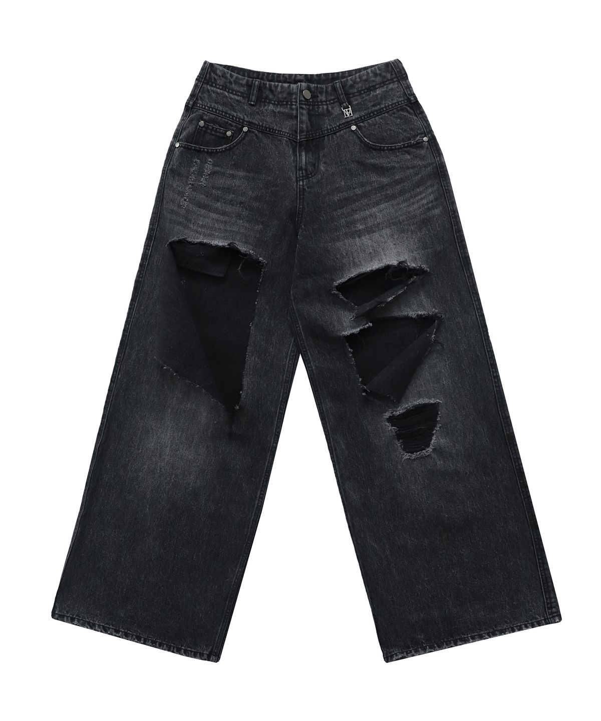트리밍버드(TREEMINGBIRD) Flip Cut-out Damage Denim Pants [ Black ]