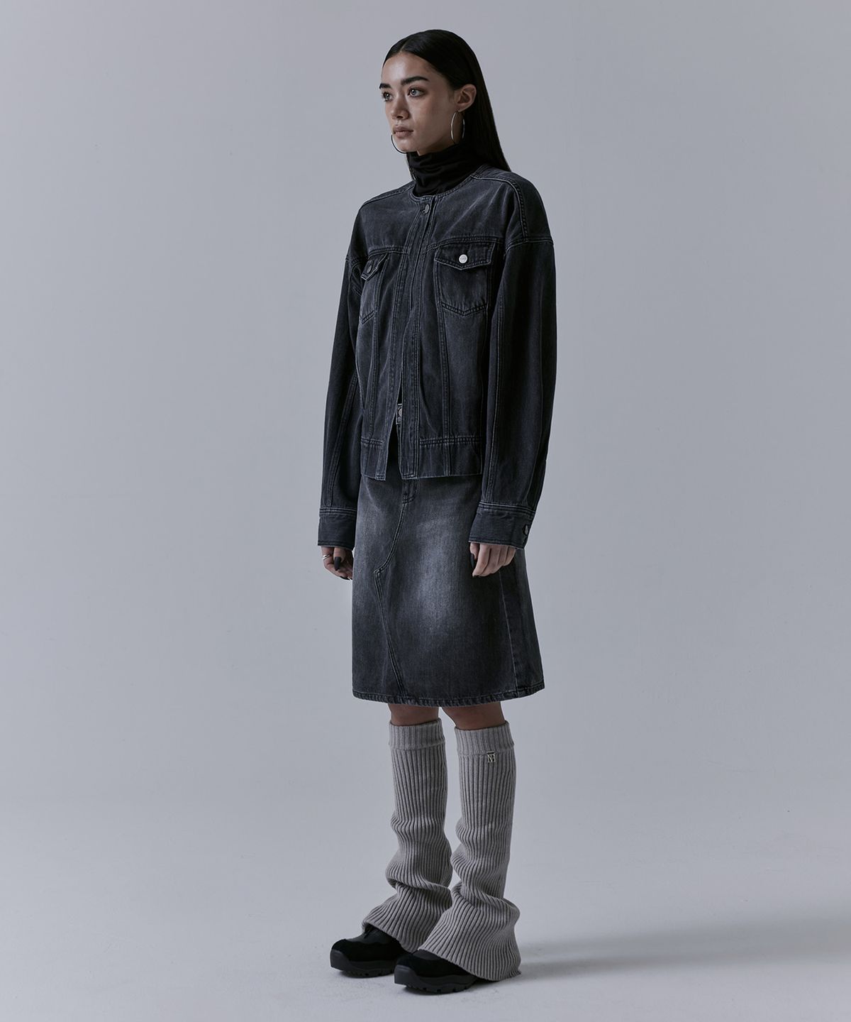 트리밍버드(TREEMINGBIRD) One Button Denim Set-up Jacket [ Black ]