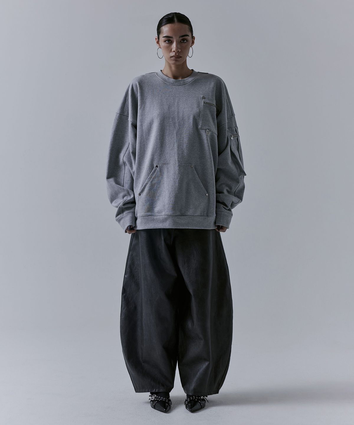 트리밍버드(TREEMINGBIRD) Multi Pocket Over-fit Sweat Shirt [ Grey ]