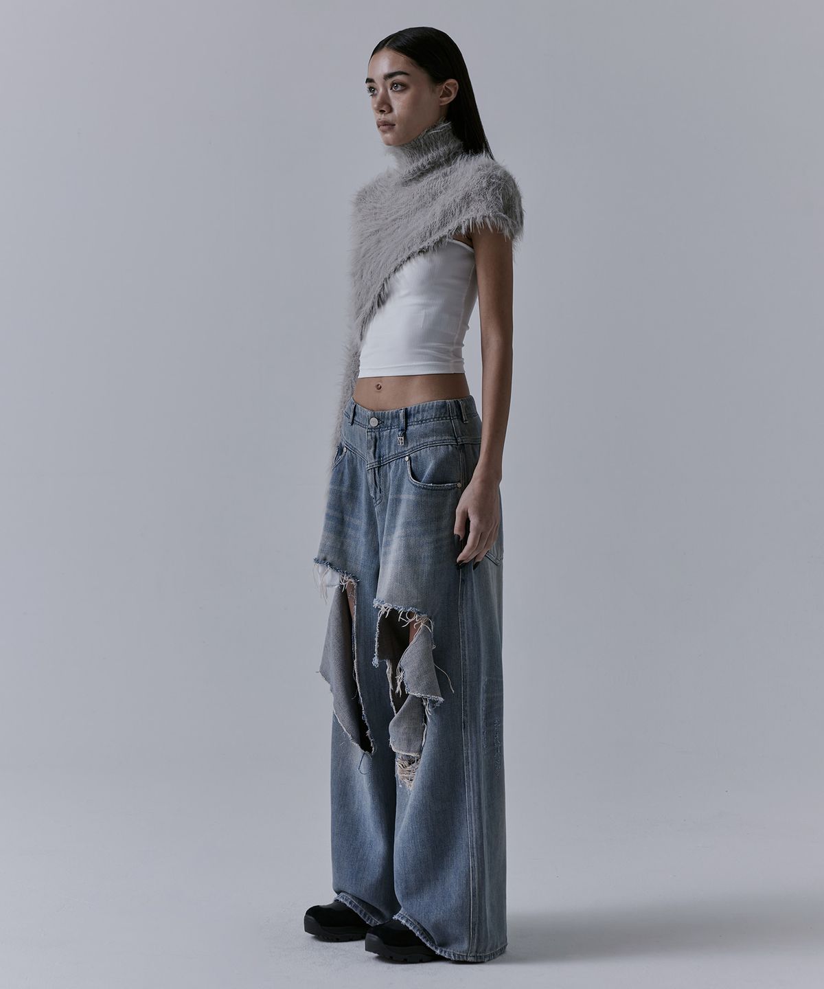 트리밍버드(TREEMINGBIRD) Unbalance High-neck Fur Knit [ Grey ]