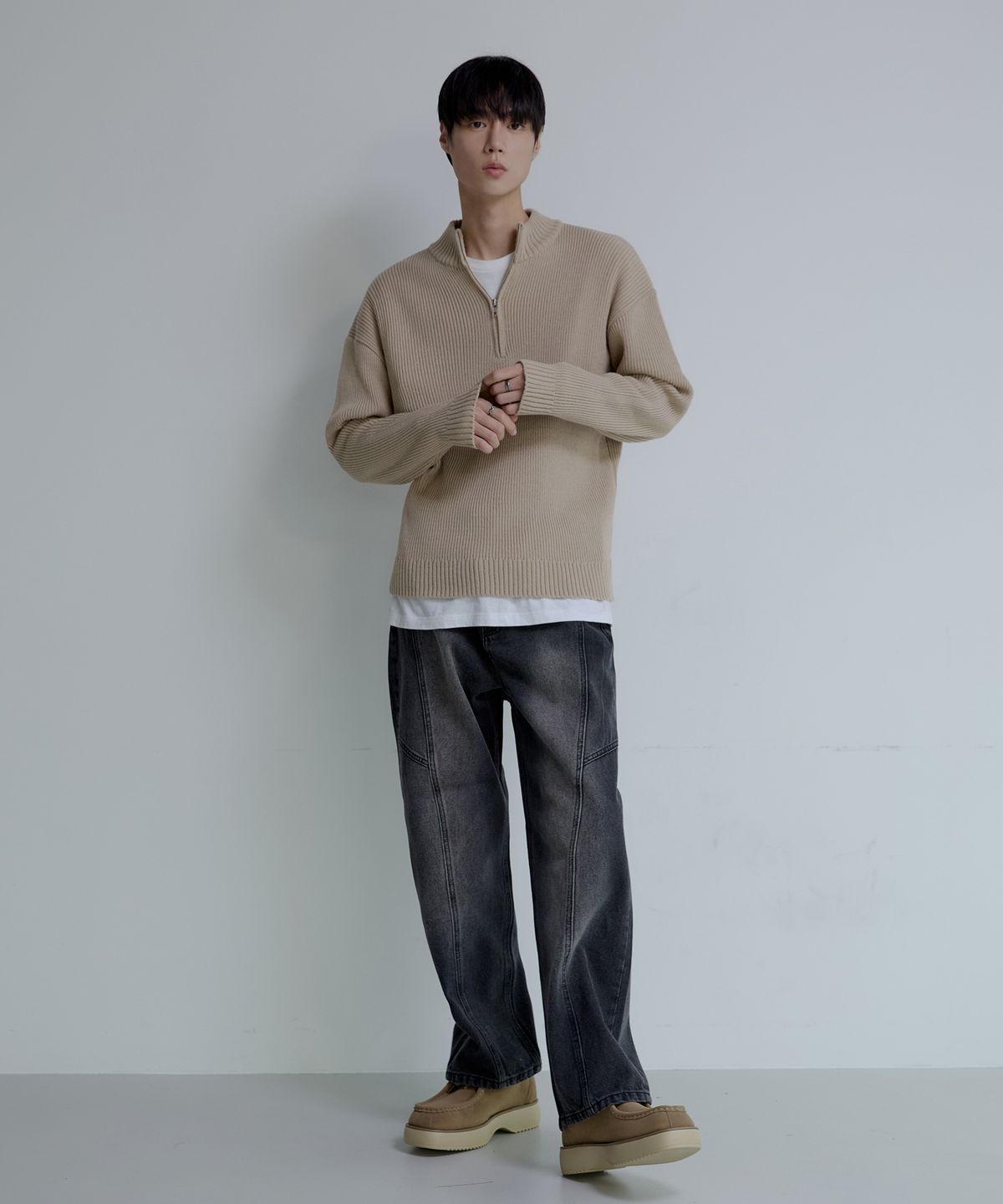 노드유(NODU) ADN 데일리 세미 와이드 절개 워싱 데님 청바지 [블랙]