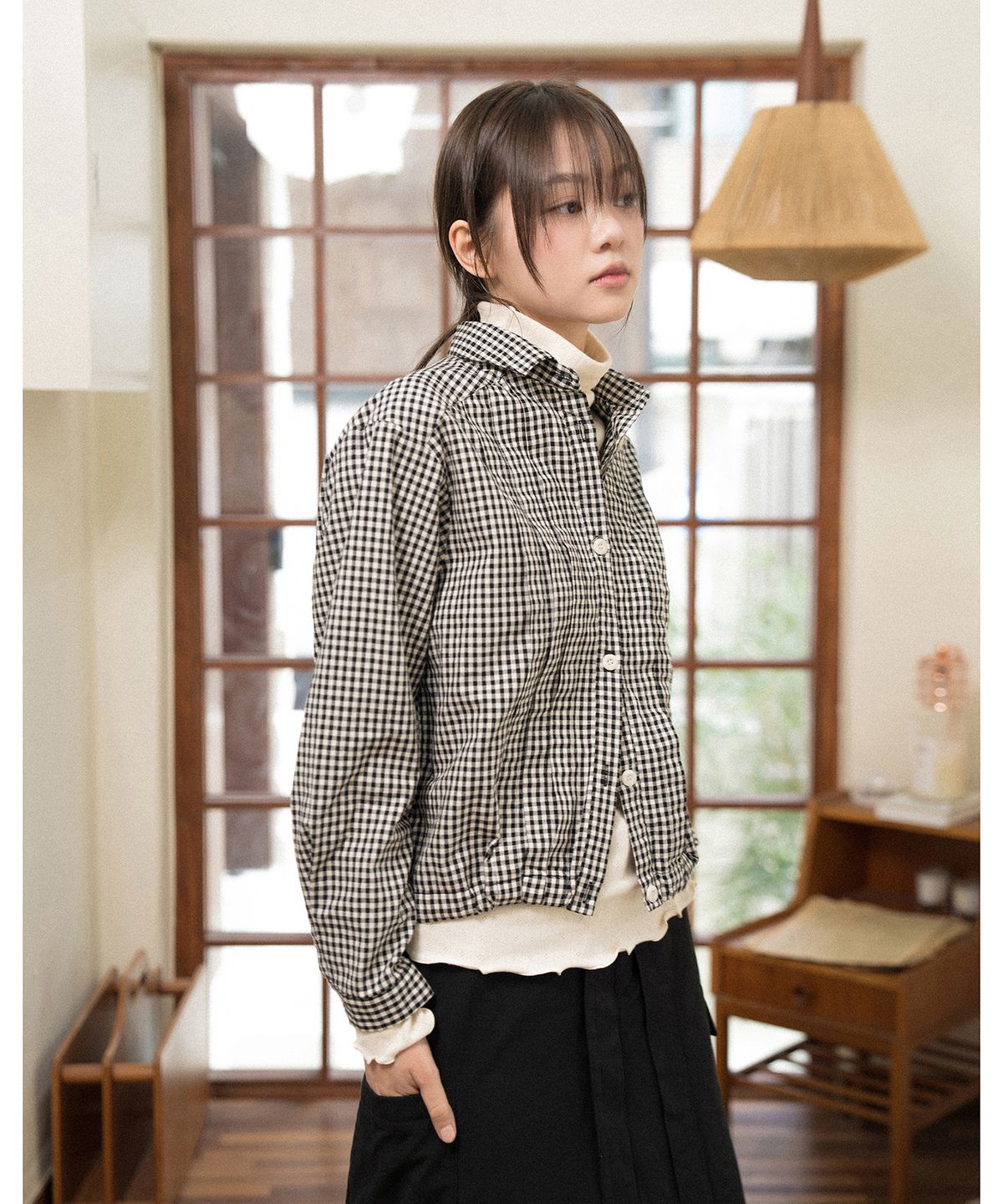 코튼벨(COTTON BELL) 와이드 핀턱 스트링 체크 셔츠 - Black Check