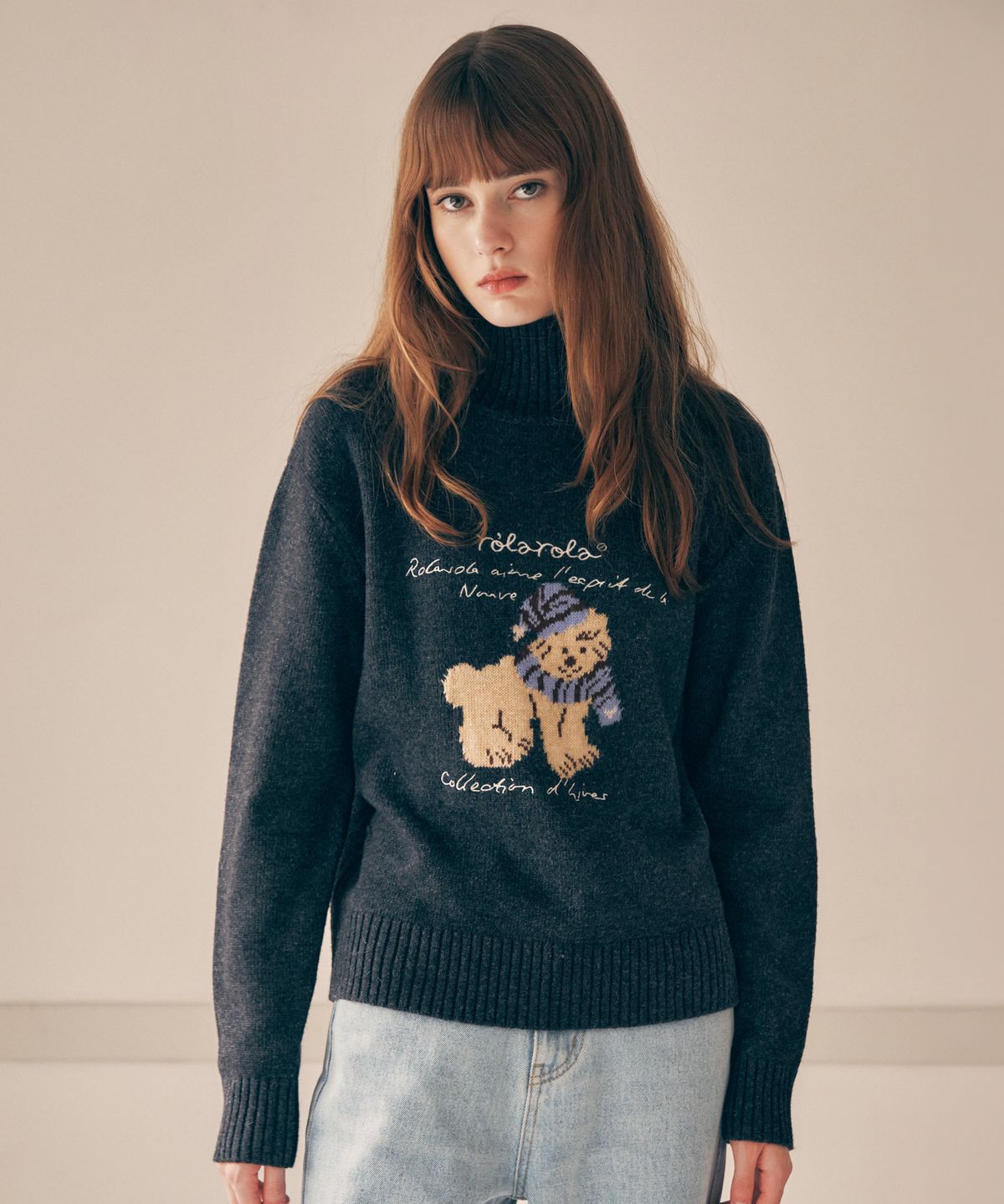 로라로라(ROLAROLA) PUPPY JACQUARD HIGH NECK KNIT GRAY