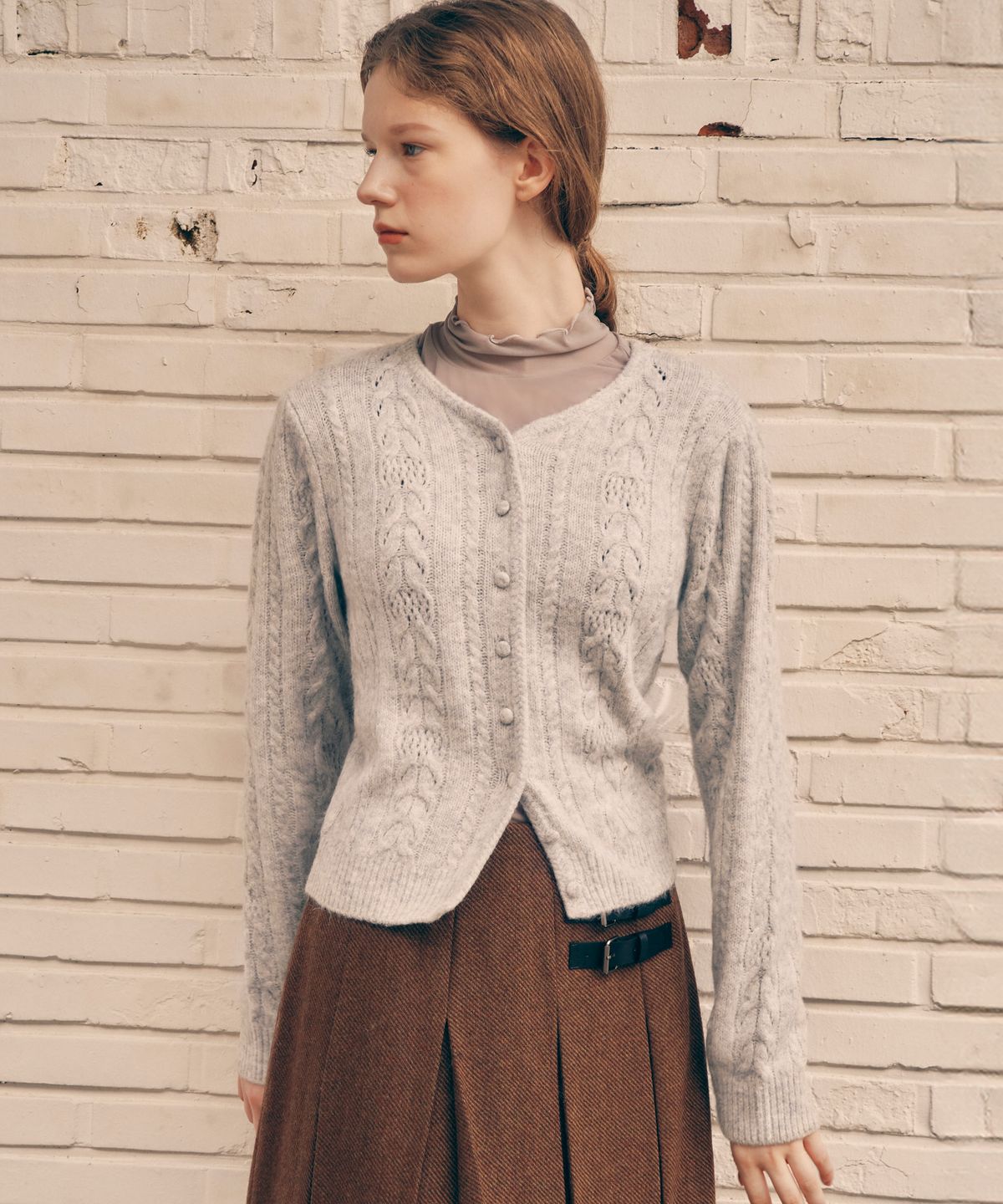 로라로라(ROLAROLA) PUFF SLEEVE CABLE CARDIGAN MELANGE GRAY