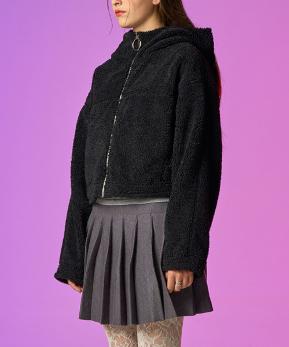 콜릿(KOLEAT) 겨울 후드 무스탕 집업 자켓 [BLACK] 안감 후리스 ver.