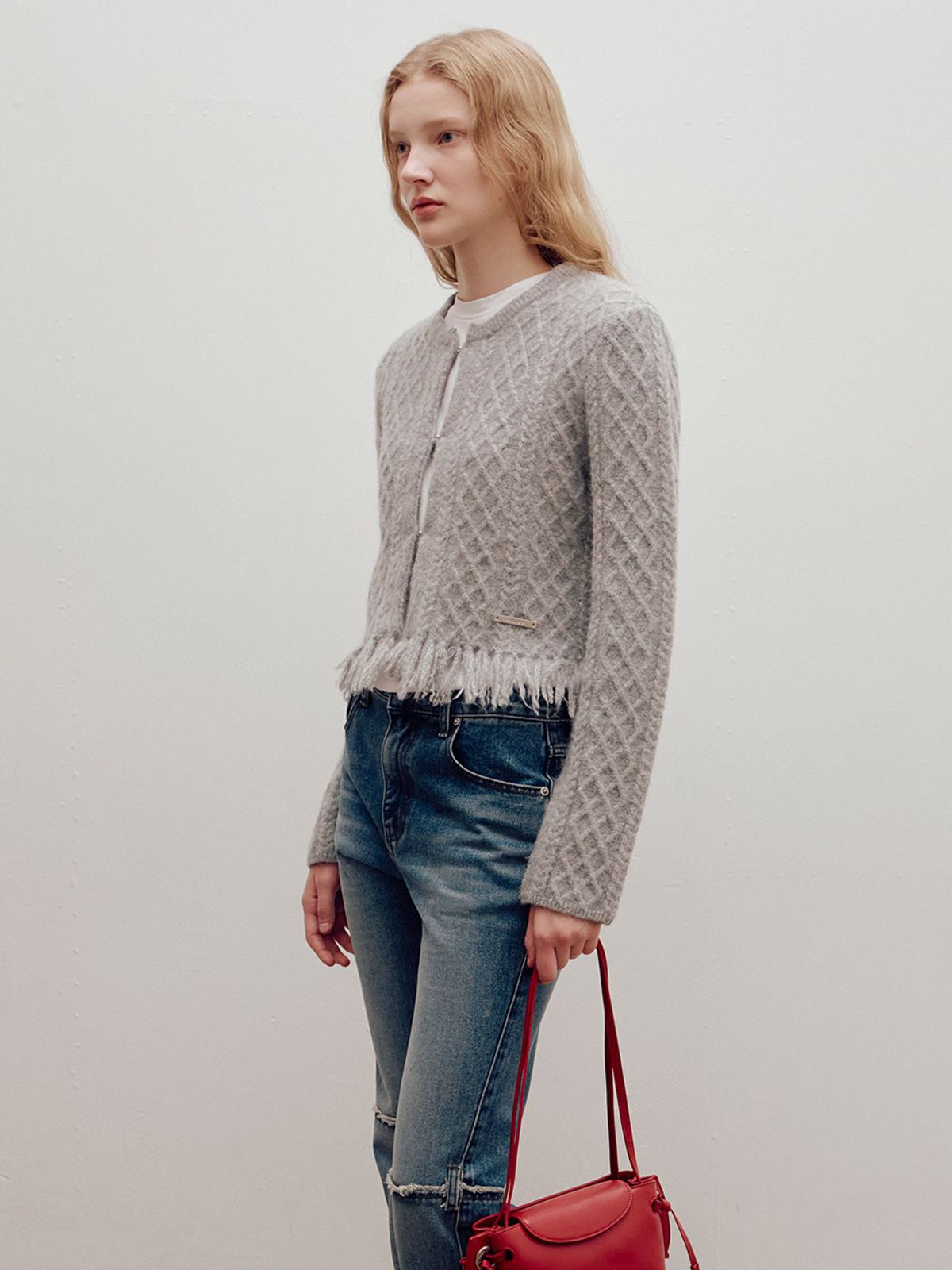 레이브(RAIVE) Cable Tassel Knit Cardigan in L/Grey VK4WD251-11
