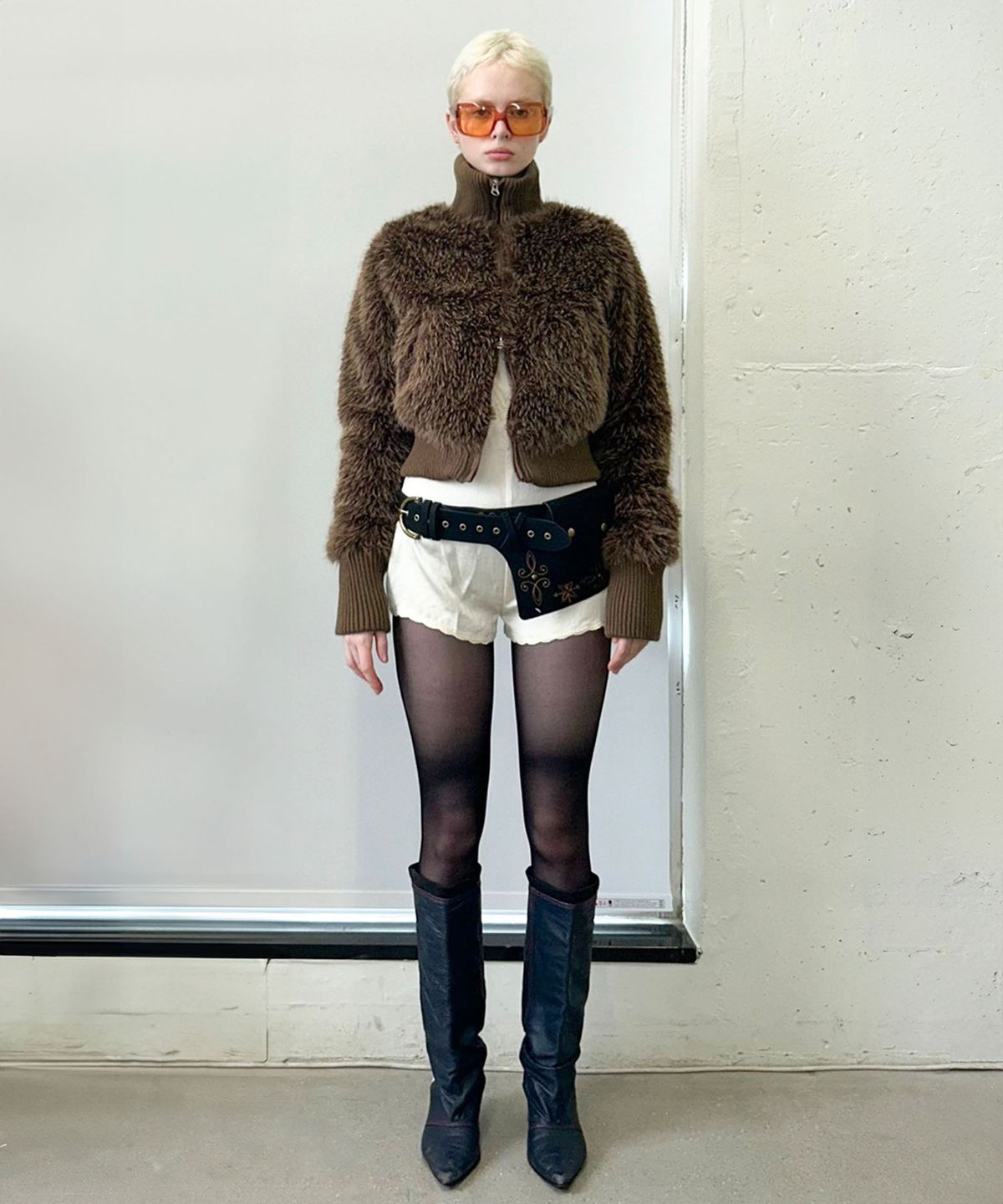 스컬프터(SCULPTOR) Faux Fur Zip-Up Jacket Brown