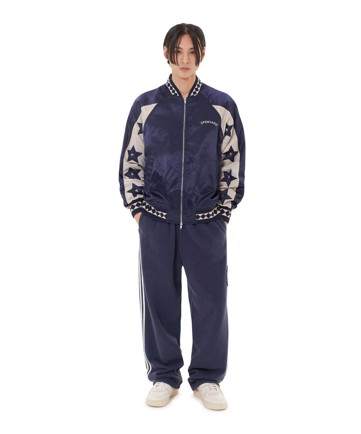 오픈야드(오와이)(OPENYARD(OY)) STAR LEATHER PATCH STUD JACKET - NAVY