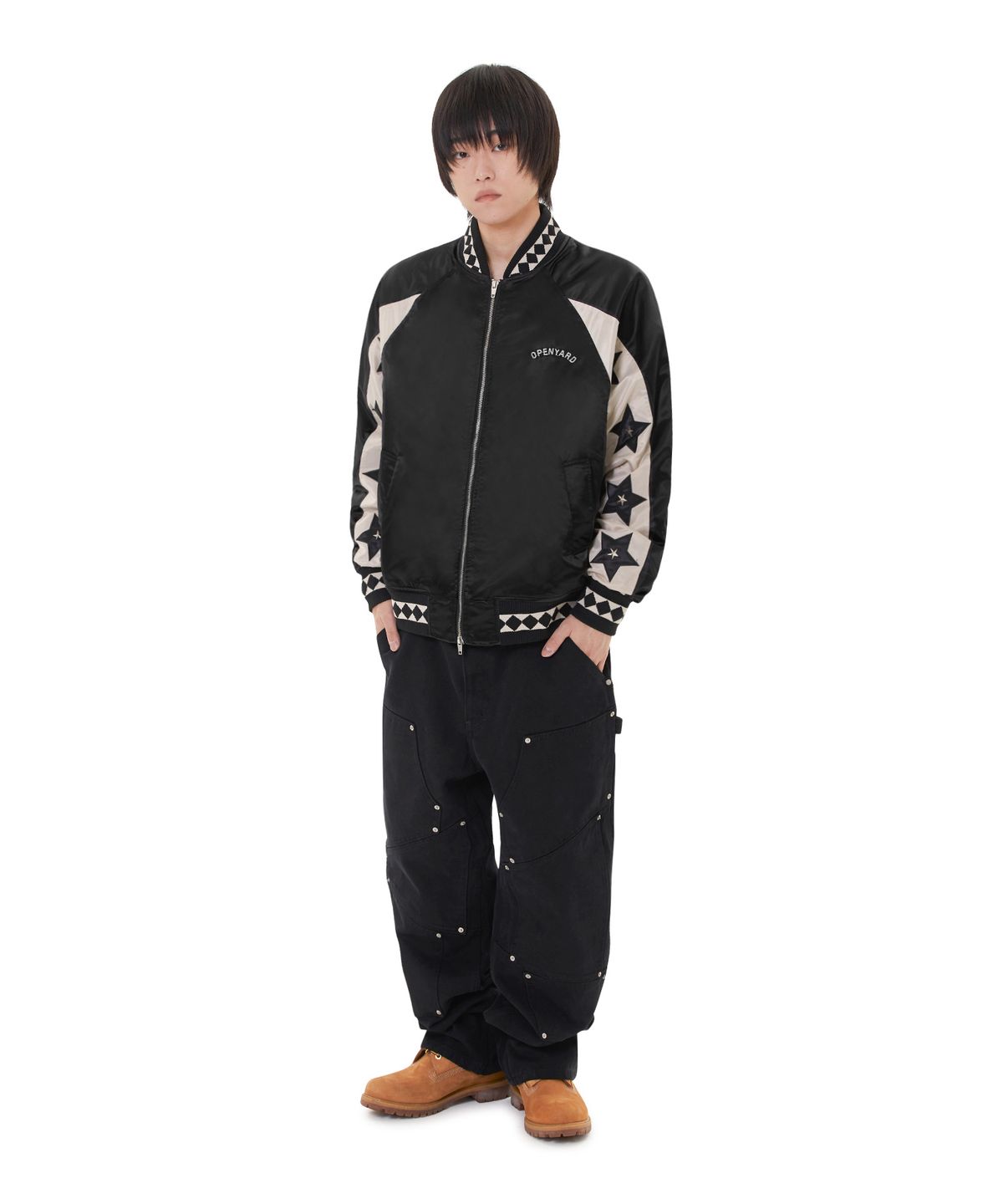 오픈야드(오와이)(OPENYARD(OY)) STAR LEATHER PATCH STUD JACKET - BLACK