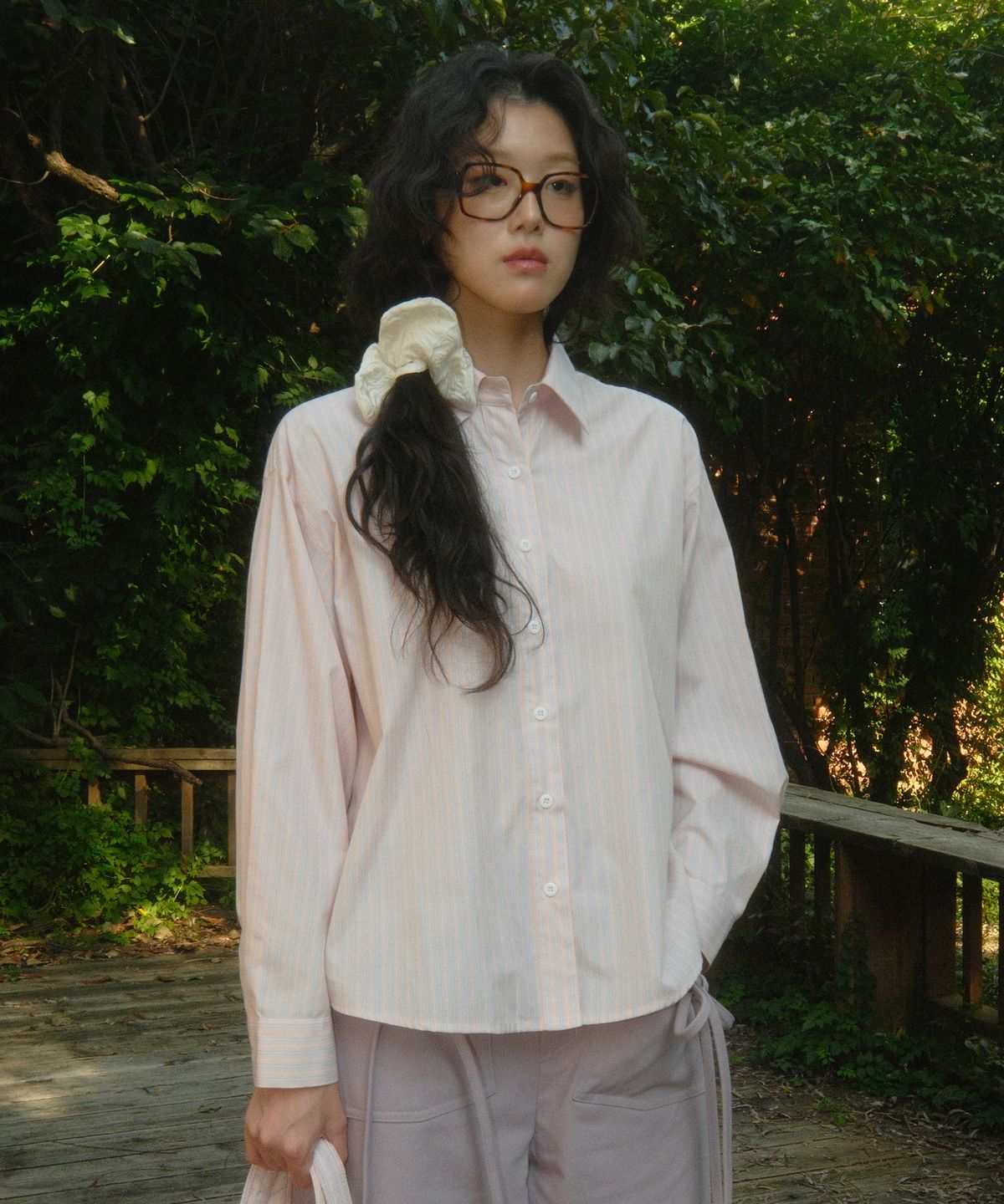시월107(SIWL107) Stripe Pleats Shirt (Pastel Pink)