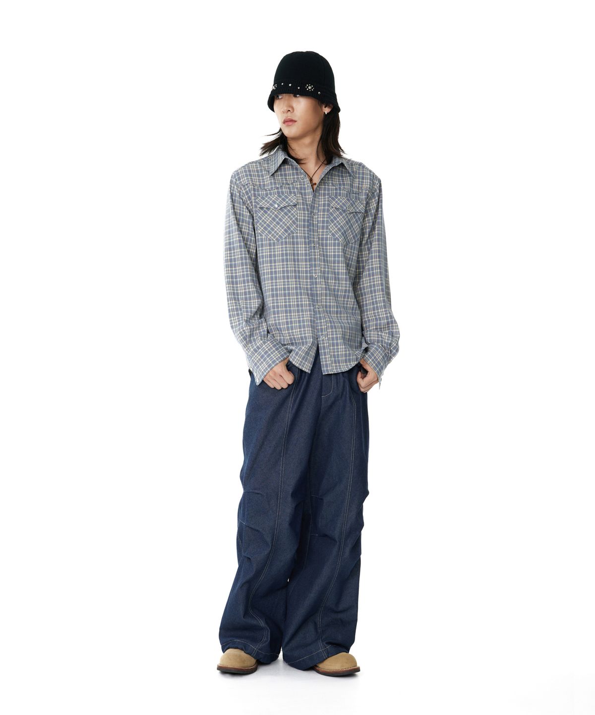 아캄(AAKAM) Western Check Shirts (Blue)