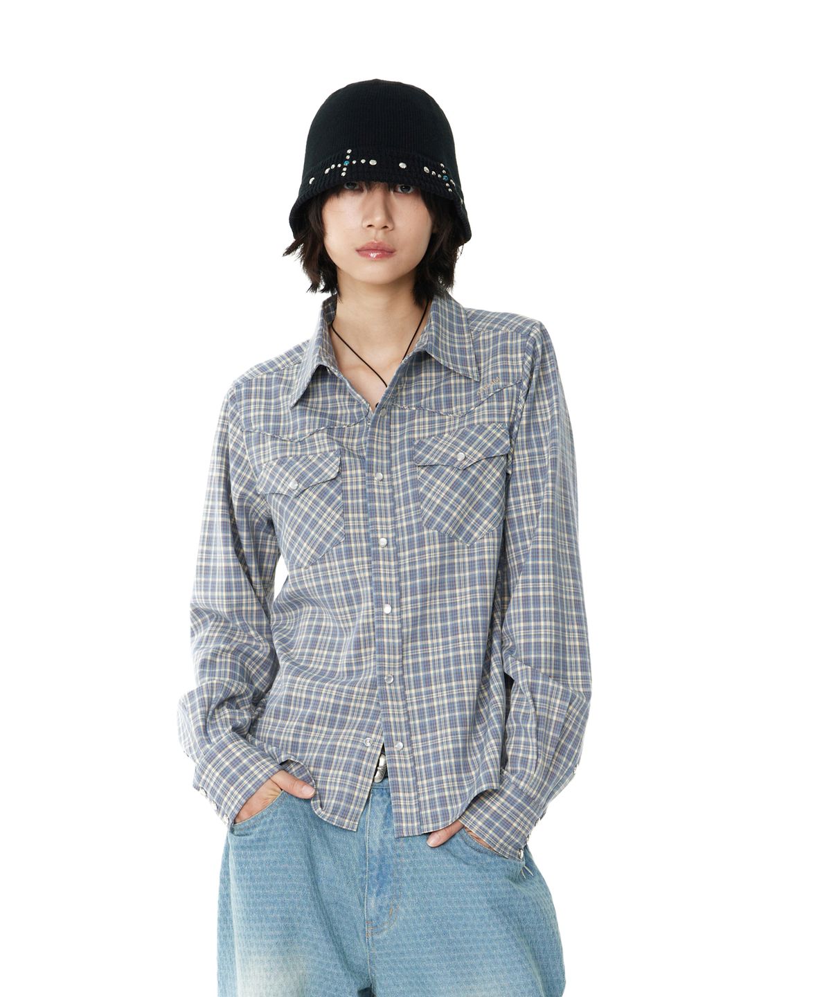 아캄(AAKAM) Western Check Shirts (Blue)
