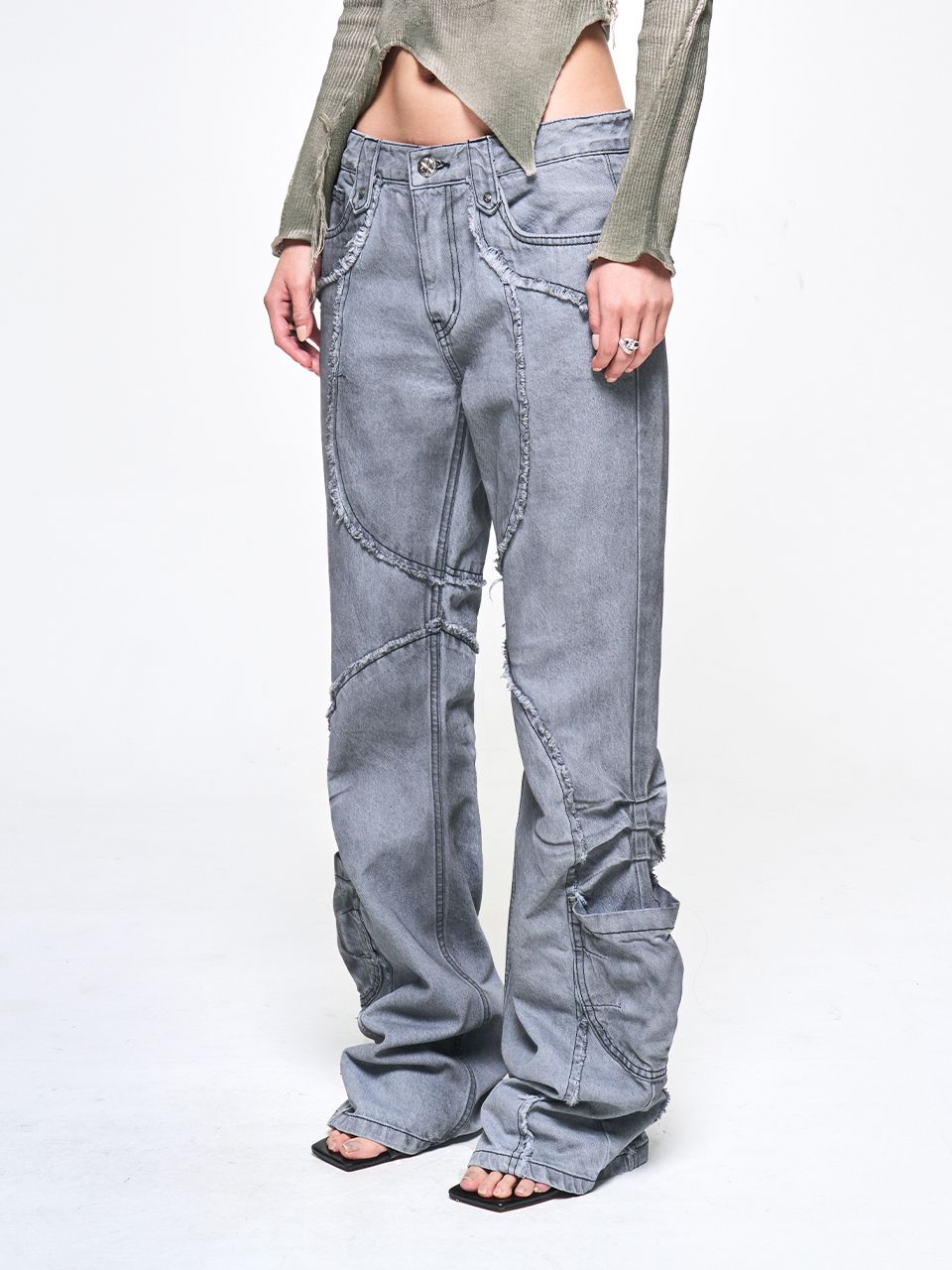 MUSINSA | YEEL SHIRRING CUT-OFF BOOTS CUT PANTS GRAY